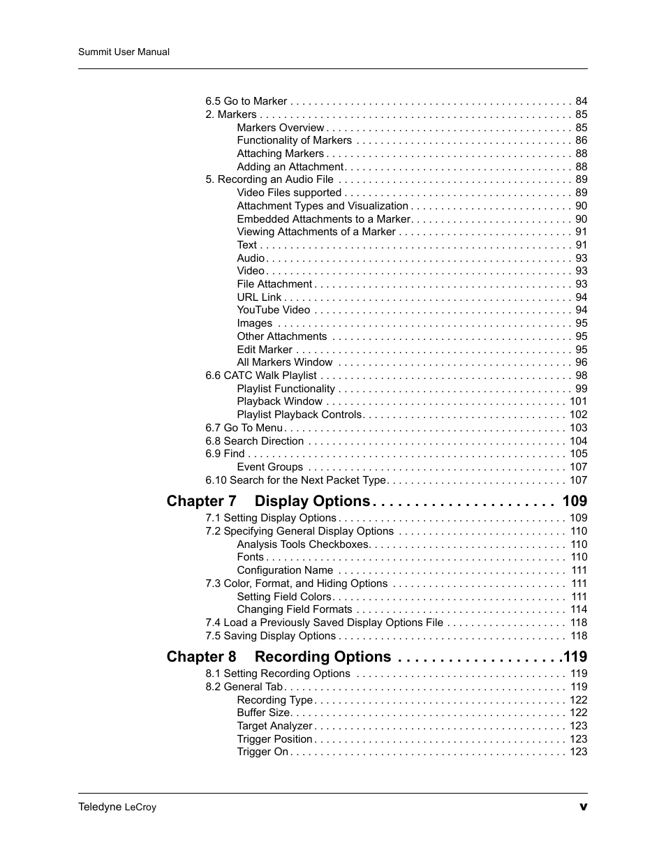 Chapter 7 display options, Chapter 8 recording options | Teledyne LeCroy PETracer Summit and Summit T2-16 PCIe User Manual User Manual | Page 5 / 244
