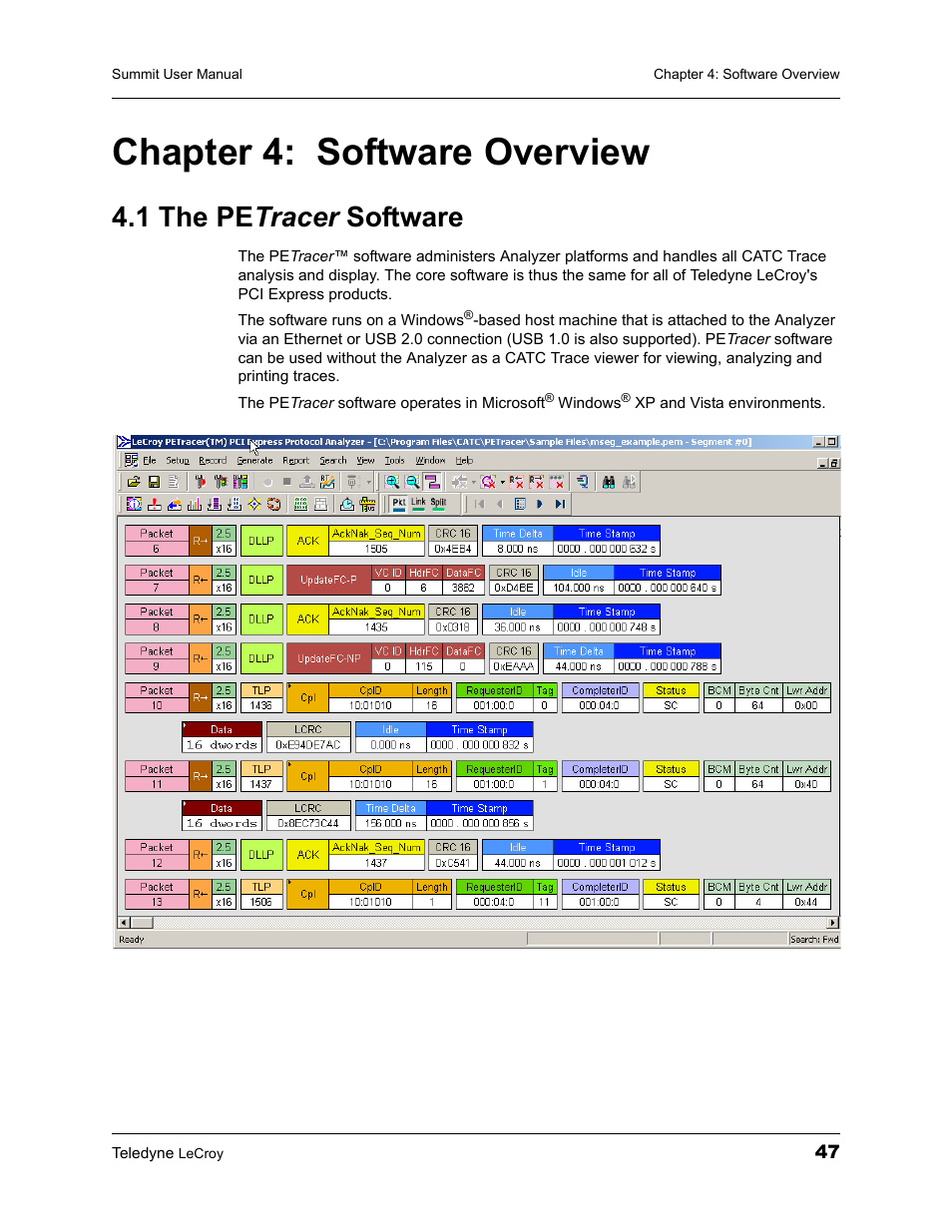 Chapter 4: software overview, 1 the petracer software, Chapter 4 | Software overview, 1 the pe tracer software | Teledyne LeCroy PETracer Summit and Summit T2-16 PCIe User Manual User Manual | Page 55 / 244