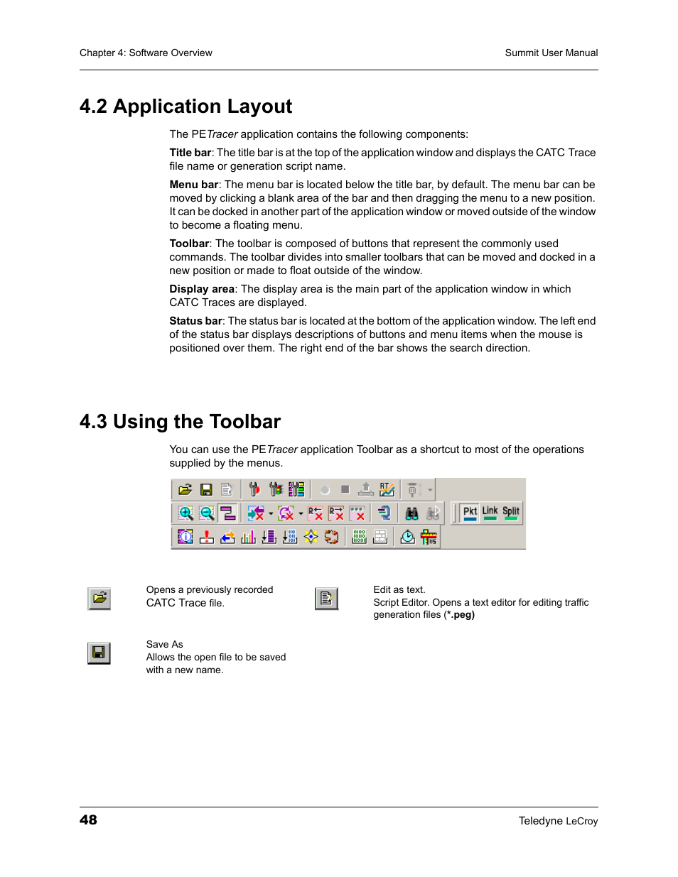 2 application layout, 3 using the toolbar, 2 application layout 4.3 using the toolbar | Teledyne LeCroy PETracer Summit and Summit T2-16 PCIe User Manual User Manual | Page 56 / 244