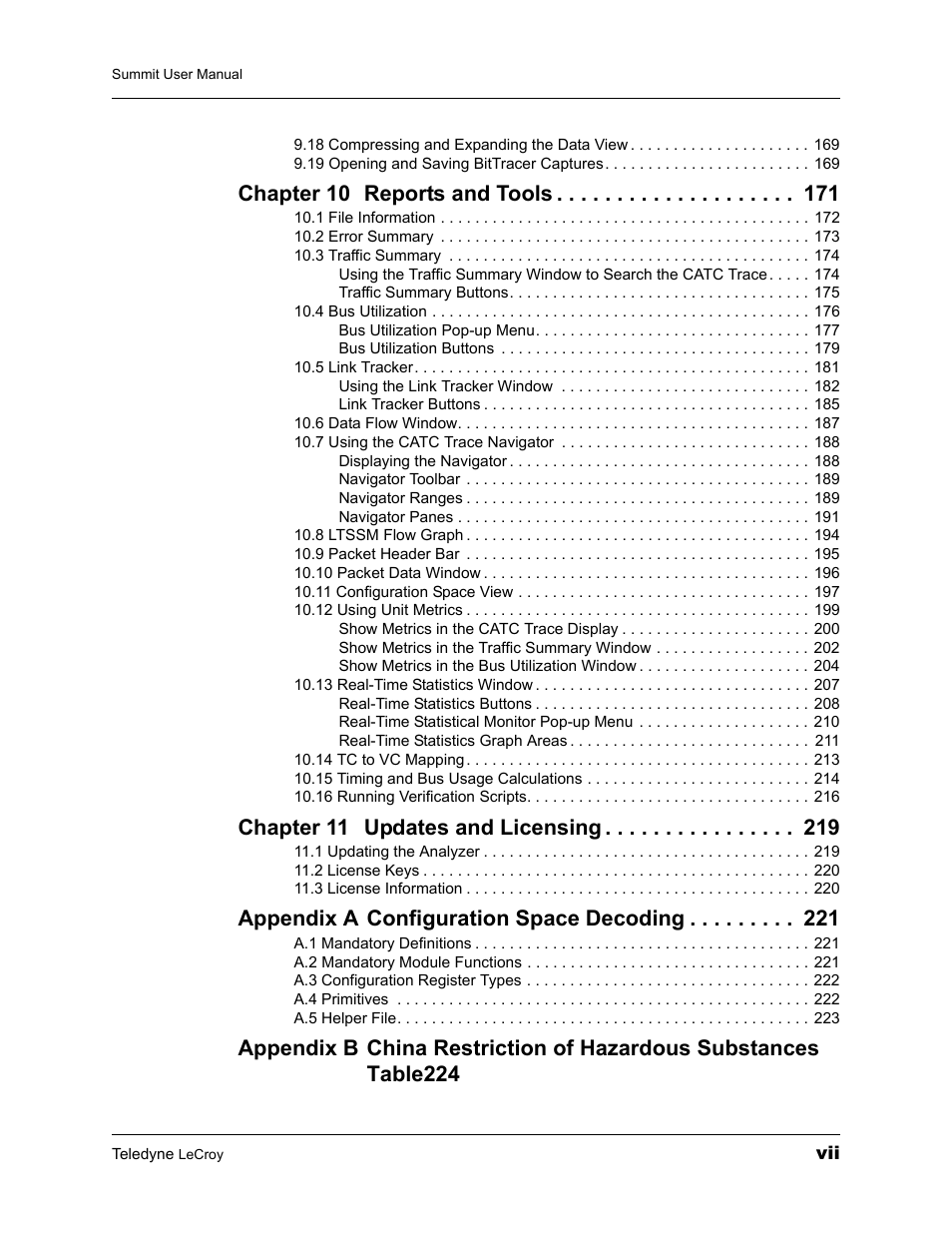 Chapter 10 reports and tools, Chapter 11 updates and licensing, Appendix a configuration space decoding | Teledyne LeCroy PETracer Summit and Summit T2-16 PCIe User Manual User Manual | Page 7 / 244