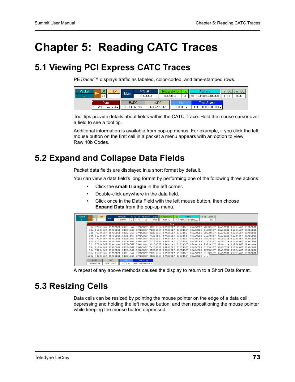 Chapter 5: reading catc traces, 1 viewing pci express catc traces, 2 expand and collapse data fields | 3 resizing cells, Chapter 5, Reading catc traces | Teledyne LeCroy PETracer Summit and Summit T2-16 PCIe User Manual User Manual | Page 81 / 244