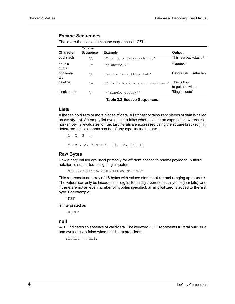Table 2.2 escape sequences | Teledyne LeCroy Protocol Analyzers File-Based Decoding User Manual User Manual | Page 10 / 82