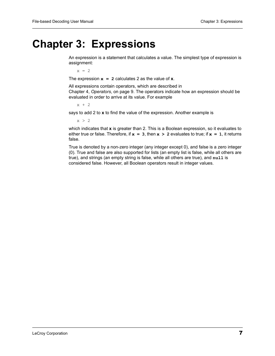 Chapter 3: expressions, Chapter 3, Expressions | Teledyne LeCroy Protocol Analyzers File-Based Decoding User Manual User Manual | Page 13 / 82