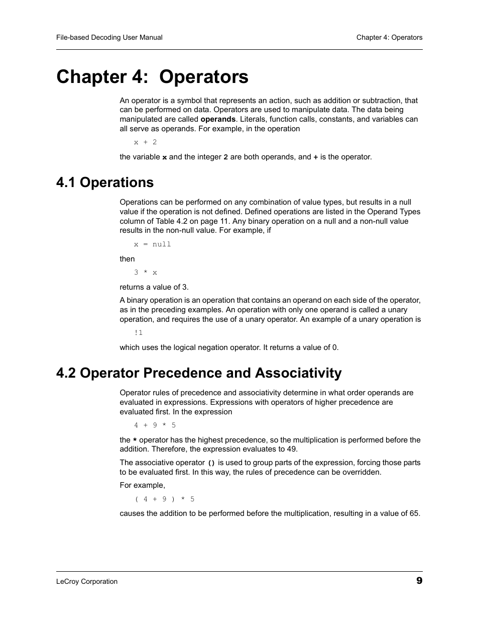 Chapter 4: operators, 1 operations, 2 operator precedence and associativity | Chapter 4, Operators | Teledyne LeCroy Protocol Analyzers File-Based Decoding User Manual User Manual | Page 15 / 82