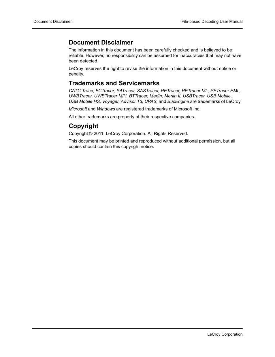 Document disclaimer, Trademarks and servicemarks, Copyright | Teledyne LeCroy Protocol Analyzers File-Based Decoding User Manual User Manual | Page 2 / 82