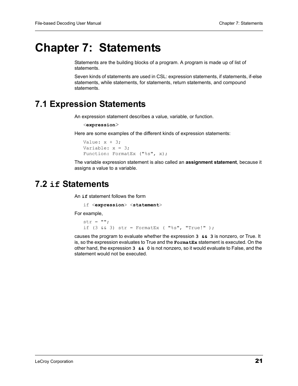 Chapter 7: statements, 1 expression statements, 2 if statements | Chapter 7, Statements, 1 expression statements 7.2 if statements | Teledyne LeCroy Protocol Analyzers File-Based Decoding User Manual User Manual | Page 27 / 82