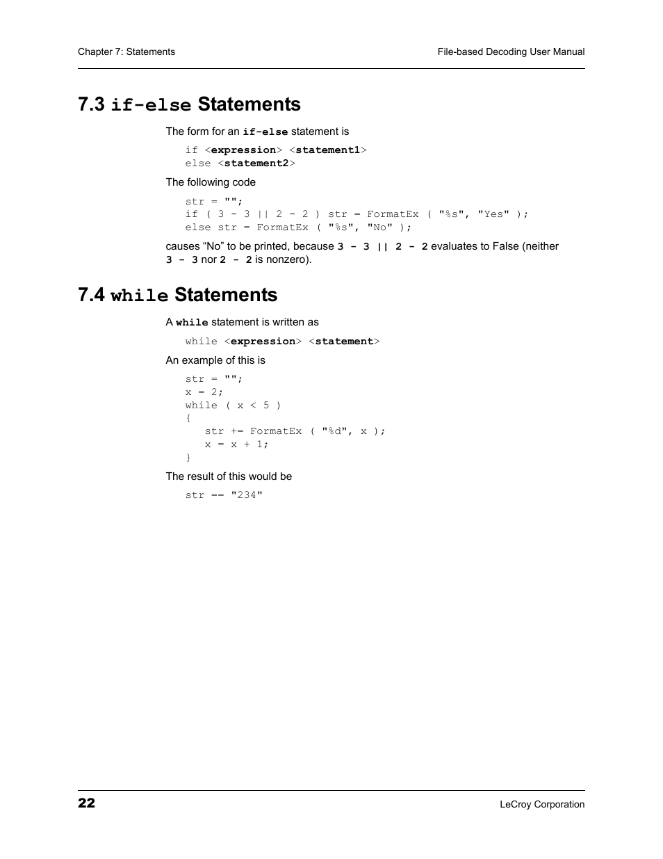3 if-else statements, 4 while statements, 3 if-else statements 7.4 while statements | Teledyne LeCroy Protocol Analyzers File-Based Decoding User Manual User Manual | Page 28 / 82