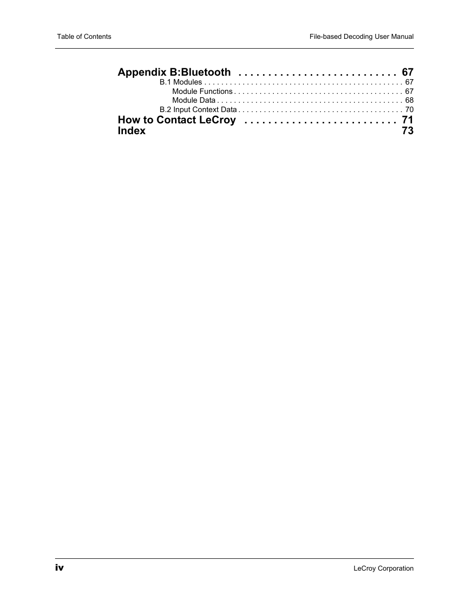 Appendix b:bluetooth, How to contact lecroy index 73 | Teledyne LeCroy Protocol Analyzers File-Based Decoding User Manual User Manual | Page 4 / 82
