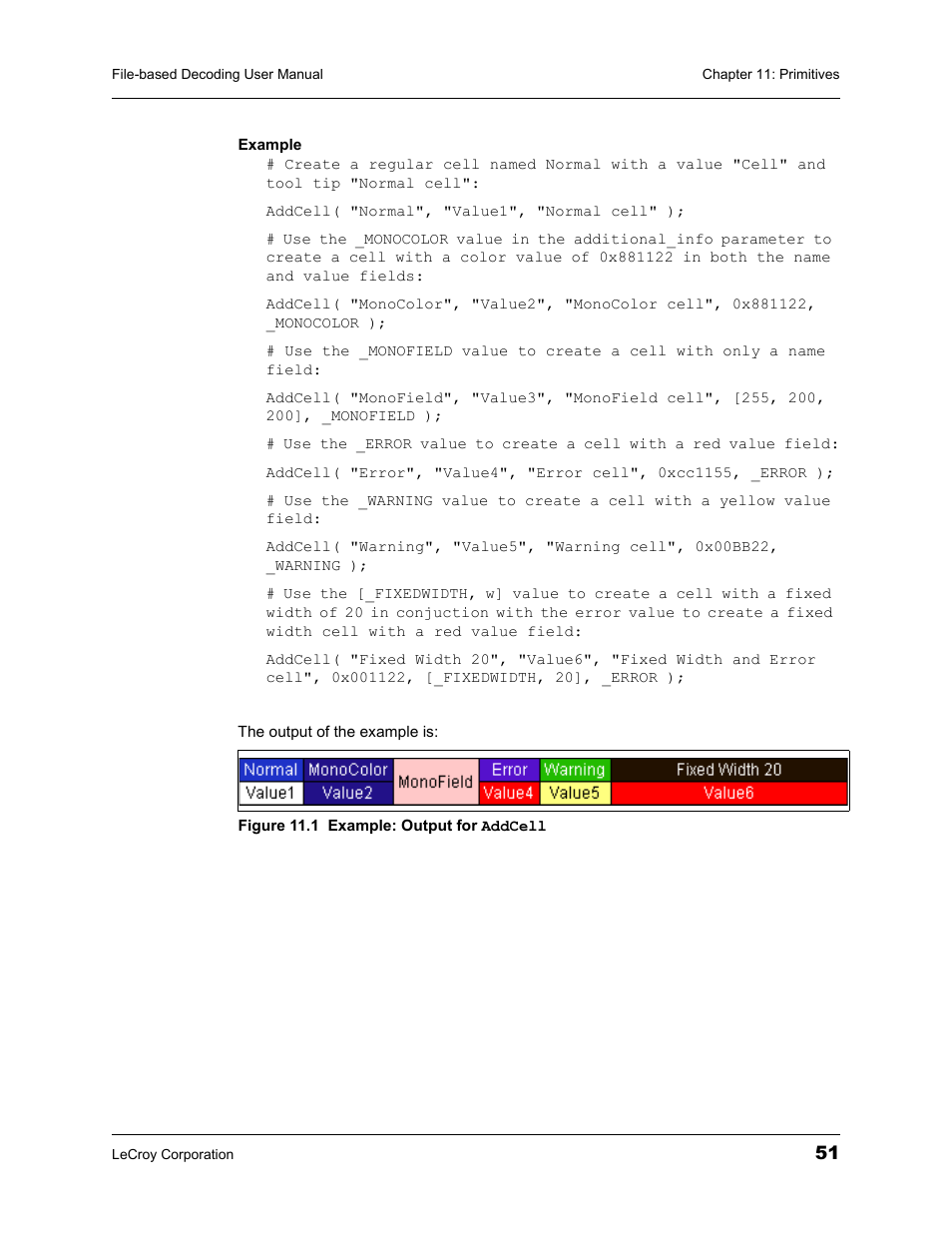 Figure 11.1 example: output for addcell | Teledyne LeCroy Protocol Analyzers File-Based Decoding User Manual User Manual | Page 57 / 82