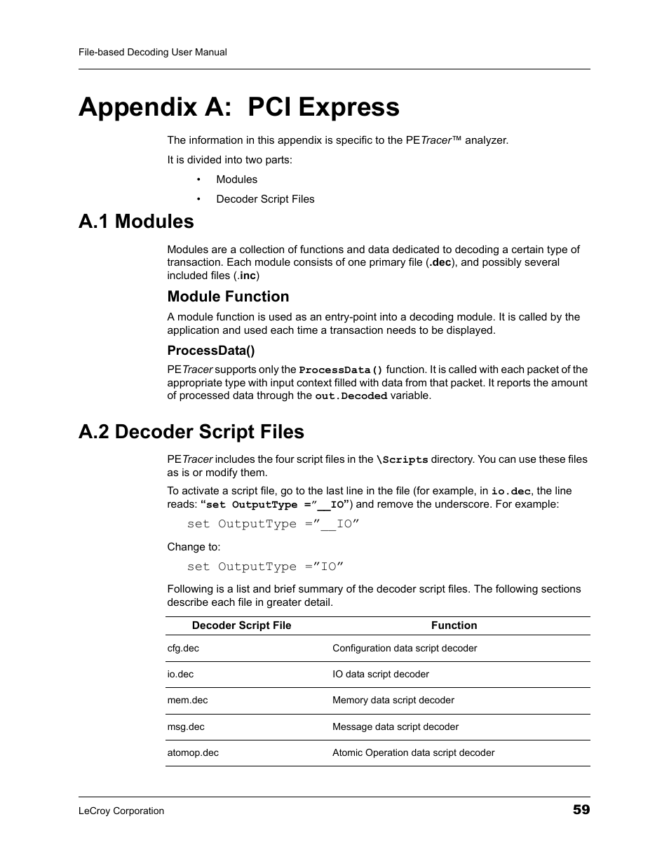 A.1 modules, Module function, A.2 decoder script files | Appendix a:pci express, Appendix a: pci express | Teledyne LeCroy Protocol Analyzers File-Based Decoding User Manual User Manual | Page 65 / 82