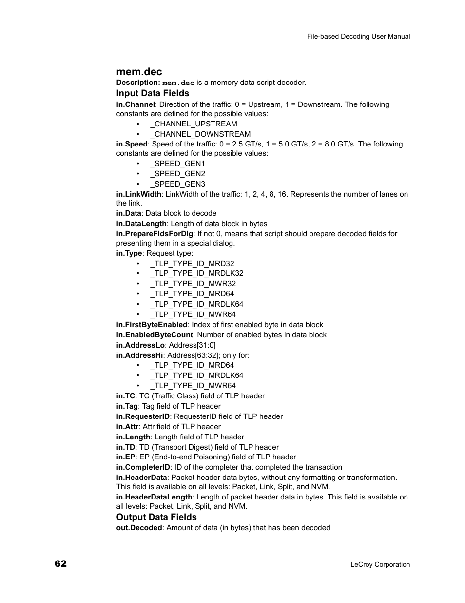 Mem.dec | Teledyne LeCroy Protocol Analyzers File-Based Decoding User Manual User Manual | Page 68 / 82