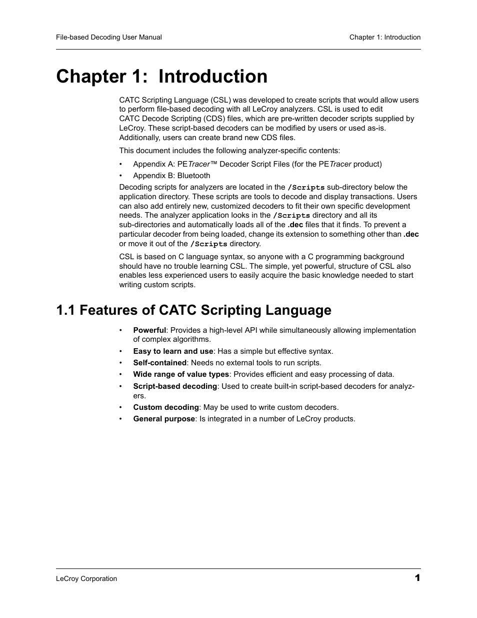 Chapter 1: introduction, 1 features of catc scripting language, Chapter 1 | Introduction | Teledyne LeCroy Protocol Analyzers File-Based Decoding User Manual User Manual | Page 7 / 82