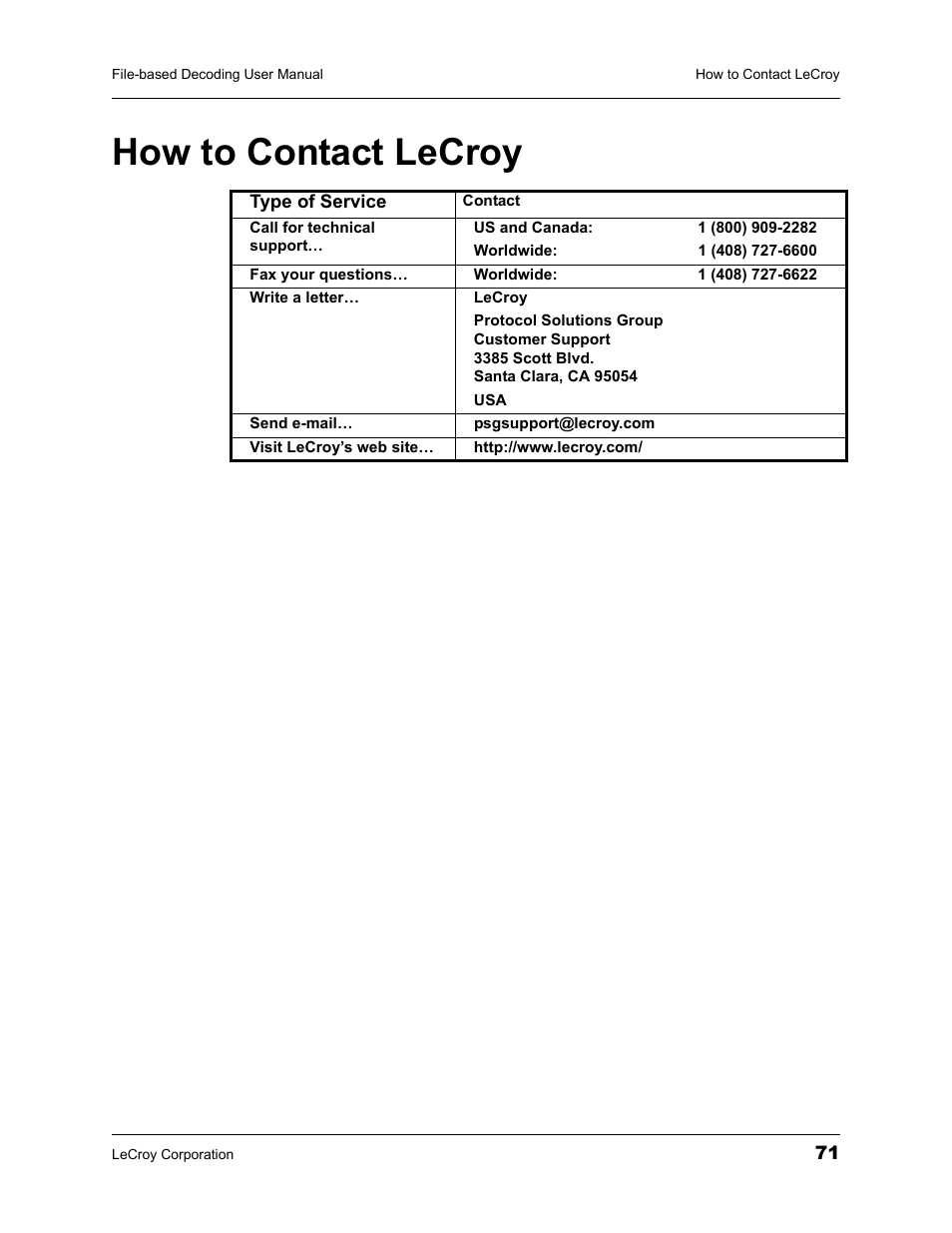 How to contact lecroy | Teledyne LeCroy Protocol Analyzers File-Based Decoding User Manual User Manual | Page 77 / 82