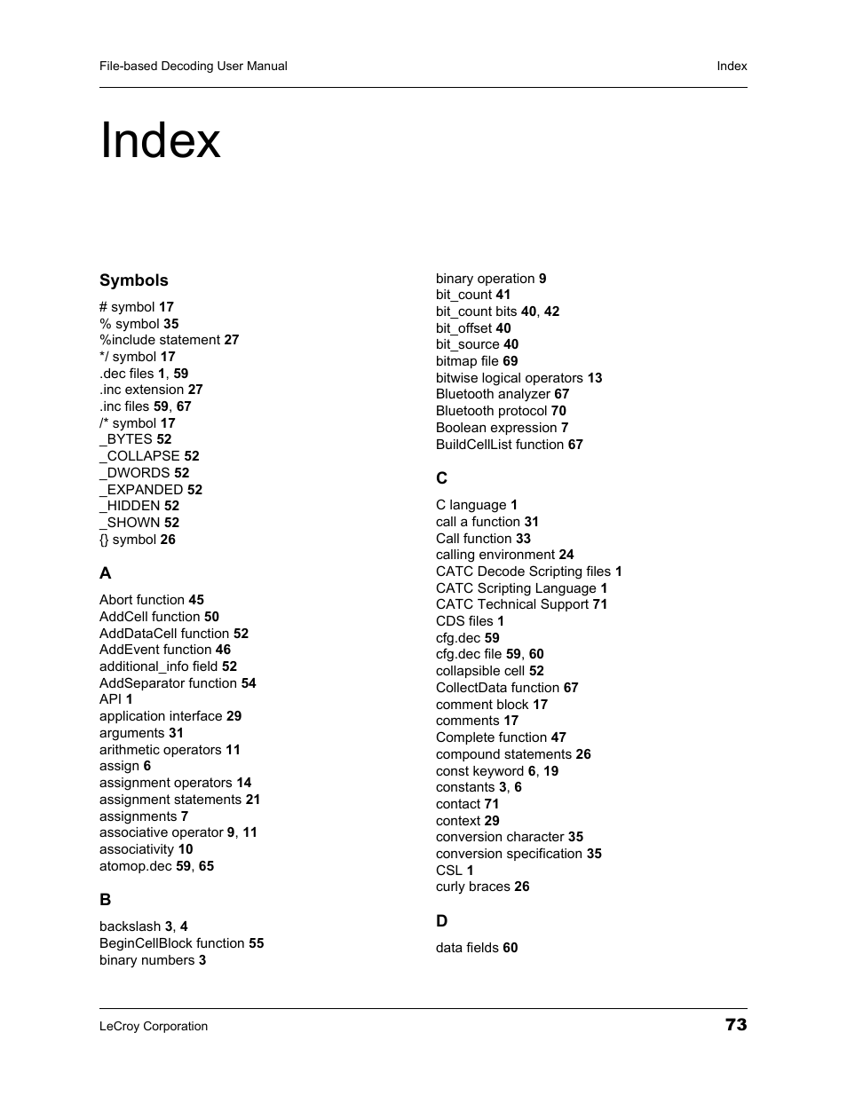 Index, Index 73 | Teledyne LeCroy Protocol Analyzers File-Based Decoding User Manual User Manual | Page 79 / 82