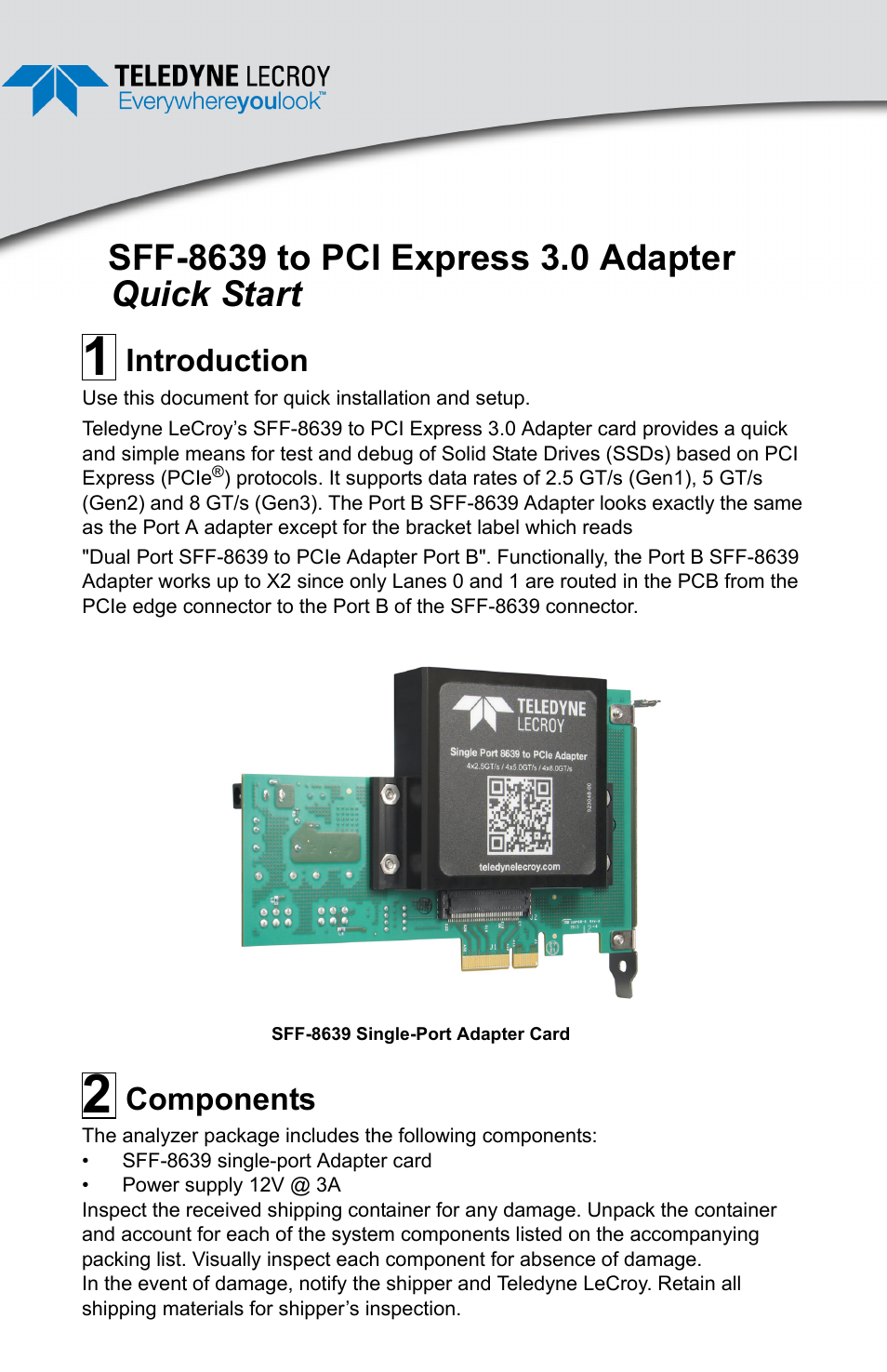 Teledyne LeCroy SFF-8639 to PCI Express 3.0 Adapter Quick Start User Manual | 4 pages