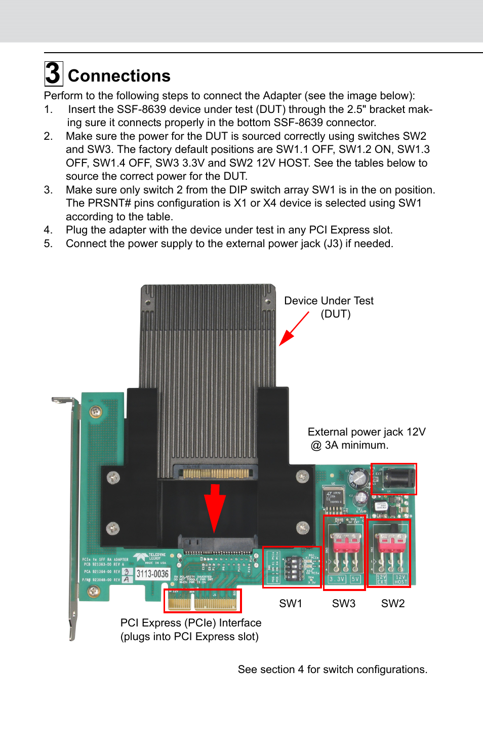 Connections | Teledyne LeCroy SFF-8639 to PCI Express 3.0 Adapter Quick Start User Manual | Page 2 / 4