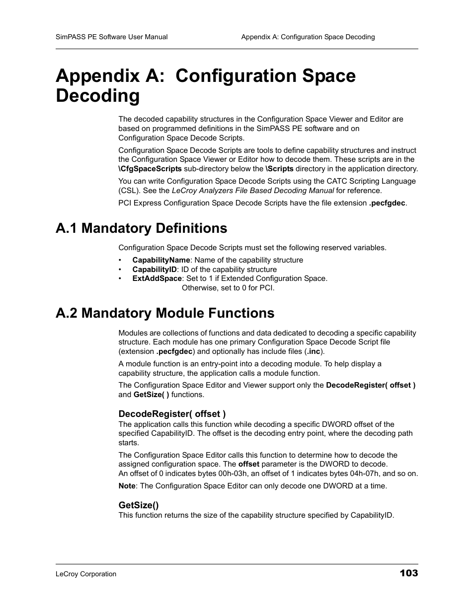 Appendix a: configuration space decoding, A.1 mandatory definitions, A.2 mandatory module functions | Appendix a configuration space decoding | Teledyne LeCroy SimPASS PE PCI Express Software User Manual User Manual | Page 109 / 120