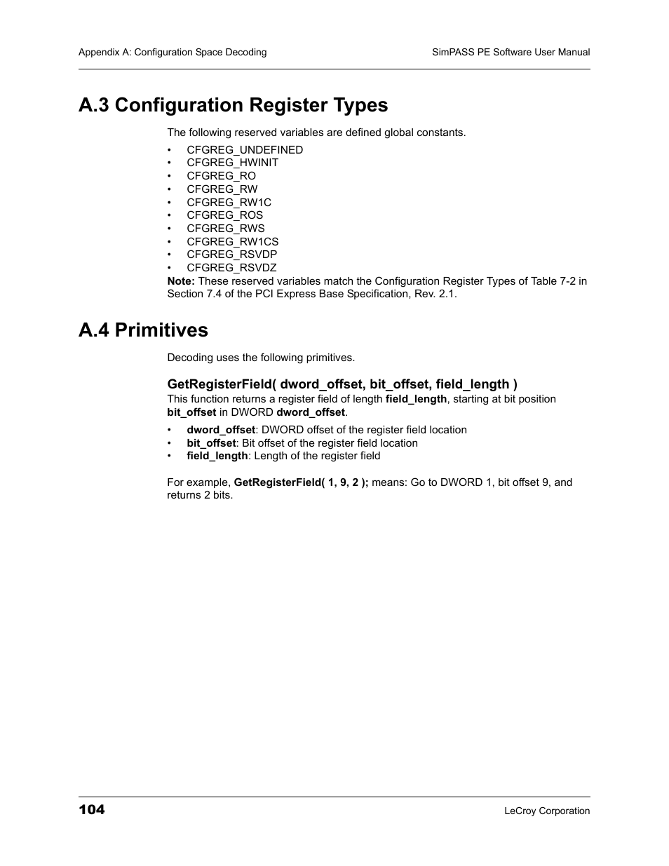 A.3 configuration register types, A.4 primitives, A.3 configuration register types a.4 primitives | Teledyne LeCroy SimPASS PE PCI Express Software User Manual User Manual | Page 110 / 120