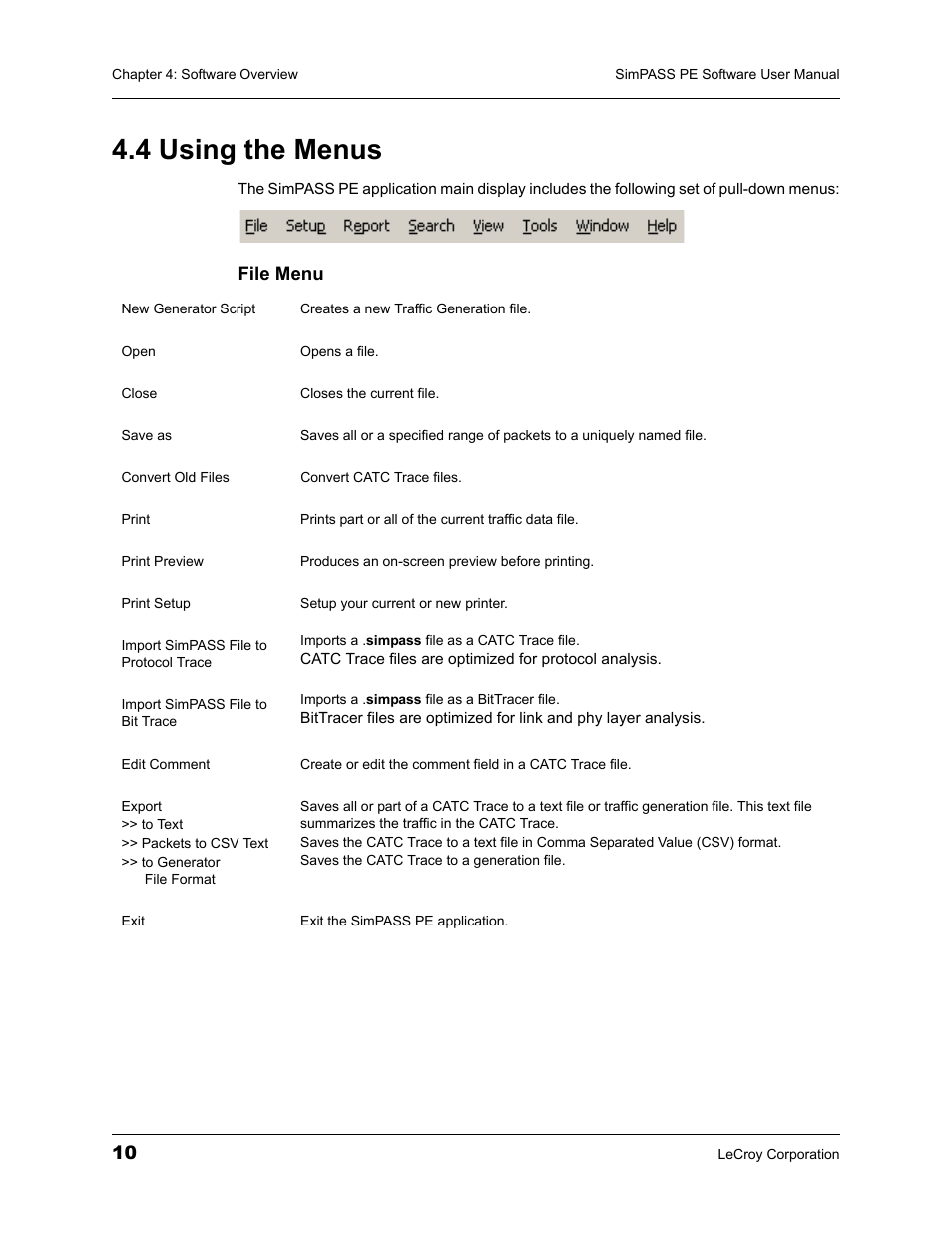 4 using the menus | Teledyne LeCroy SimPASS PE PCI Express Software User Manual User Manual | Page 16 / 120