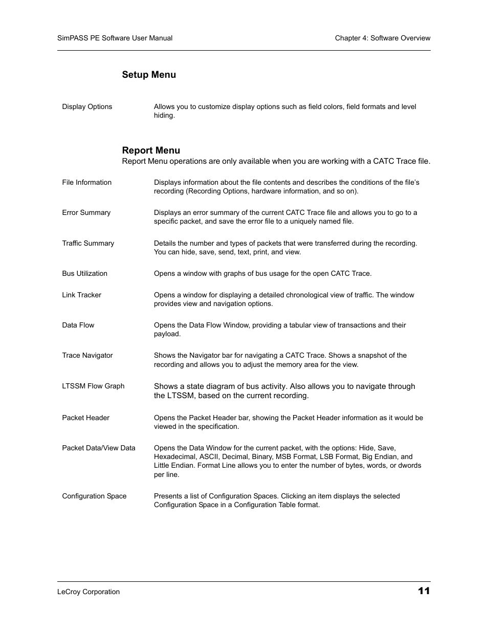 11 setup menu report menu | Teledyne LeCroy SimPASS PE PCI Express Software User Manual User Manual | Page 17 / 120