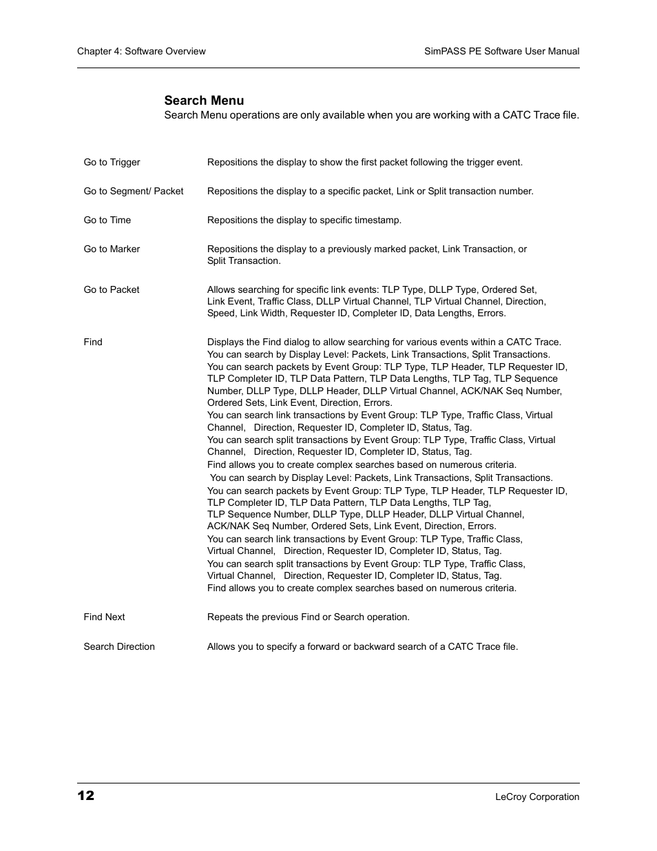 Search menu | Teledyne LeCroy SimPASS PE PCI Express Software User Manual User Manual | Page 18 / 120