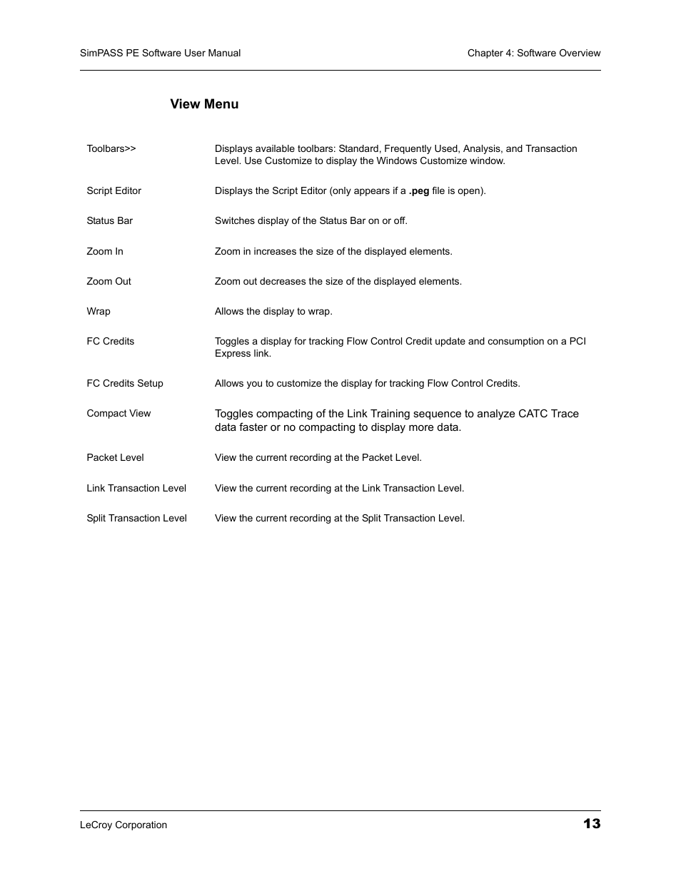 13 view menu | Teledyne LeCroy SimPASS PE PCI Express Software User Manual User Manual | Page 19 / 120