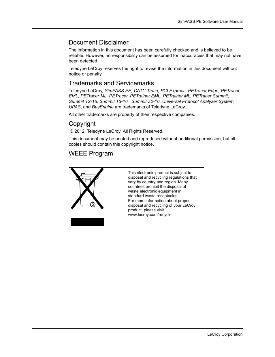 Document disclaimer, Trademarks and servicemarks, Copyright | Weee program | Teledyne LeCroy SimPASS PE PCI Express Software User Manual User Manual | Page 2 / 120