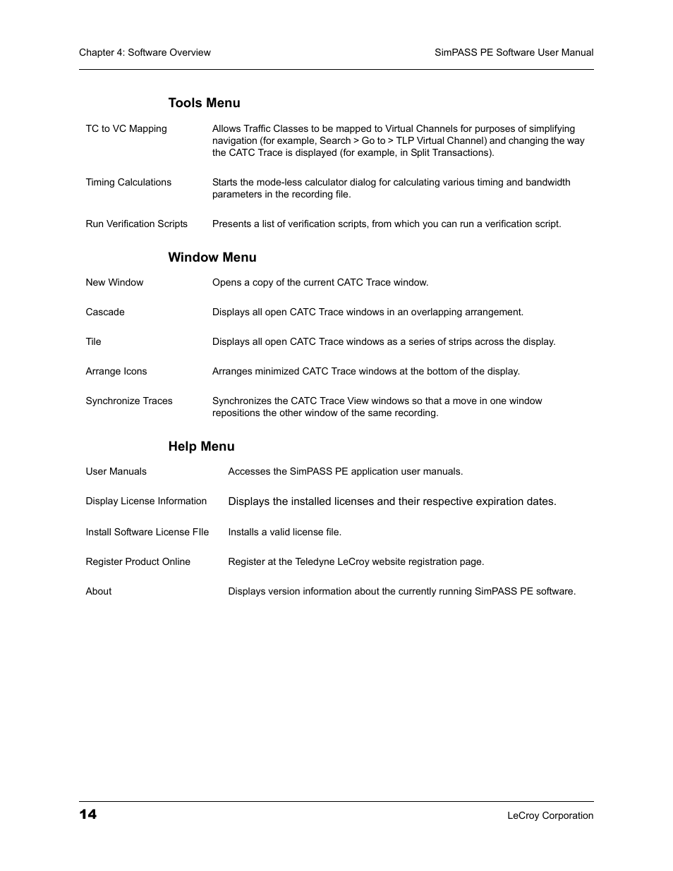 Tools menu window menu help menu | Teledyne LeCroy SimPASS PE PCI Express Software User Manual User Manual | Page 20 / 120