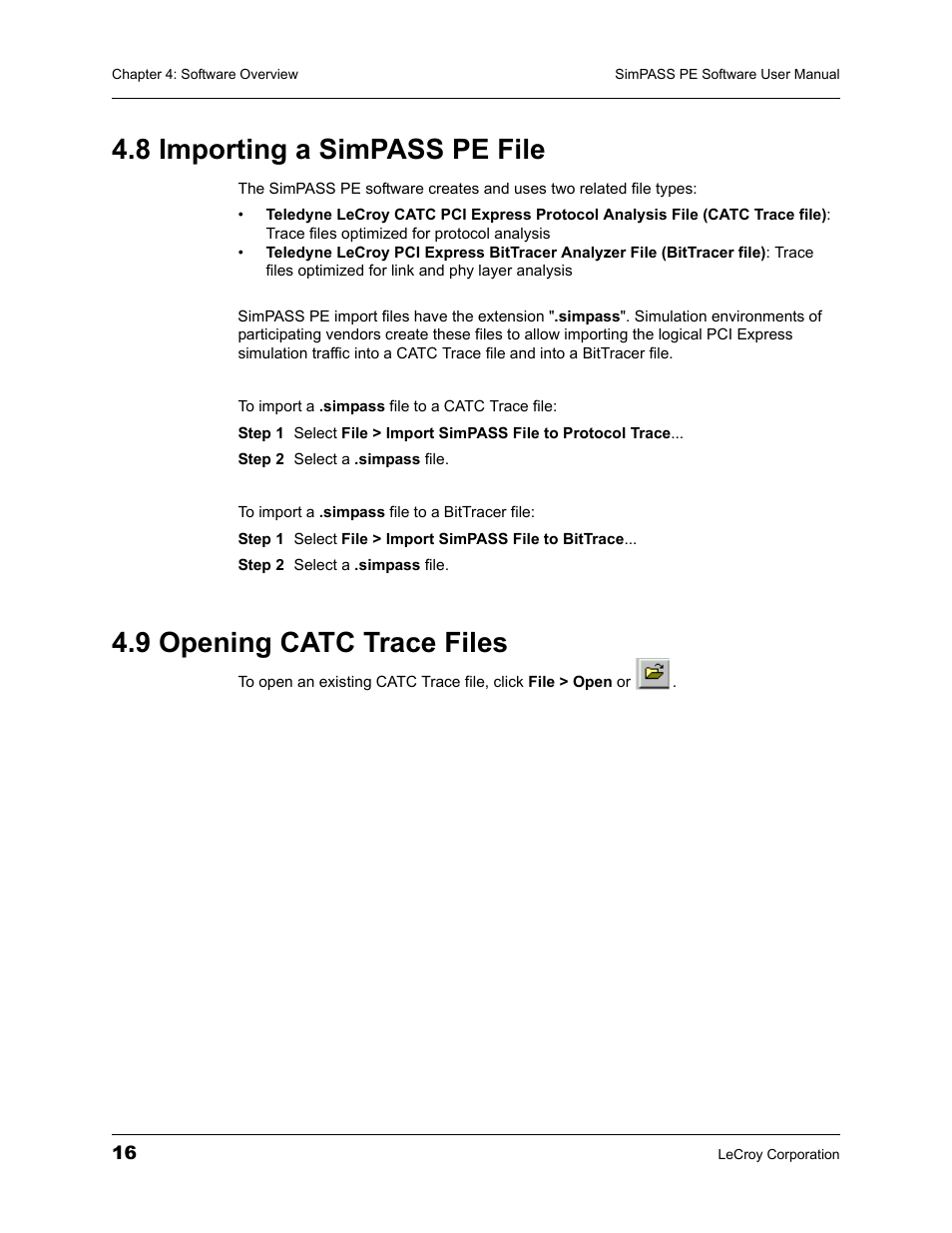 8 importing a simpass pe file, 9 opening catc trace files | Teledyne LeCroy SimPASS PE PCI Express Software User Manual User Manual | Page 22 / 120
