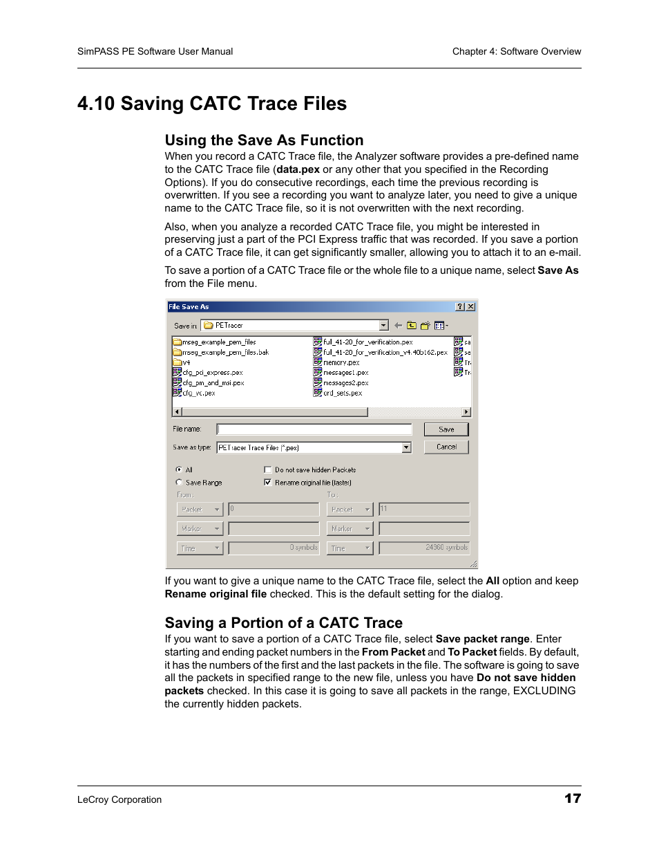 10 saving catc trace files, Using the save as function, Saving a portion of a catc trace | Teledyne LeCroy SimPASS PE PCI Express Software User Manual User Manual | Page 23 / 120