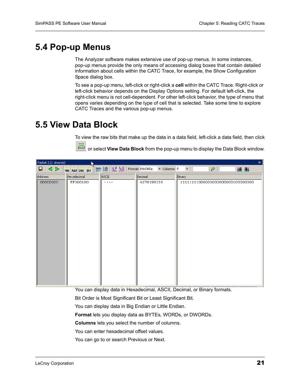 4 pop-up menus, 5 view data block, 4 pop-up menus 5.5 view data block | Teledyne LeCroy SimPASS PE PCI Express Software User Manual User Manual | Page 27 / 120