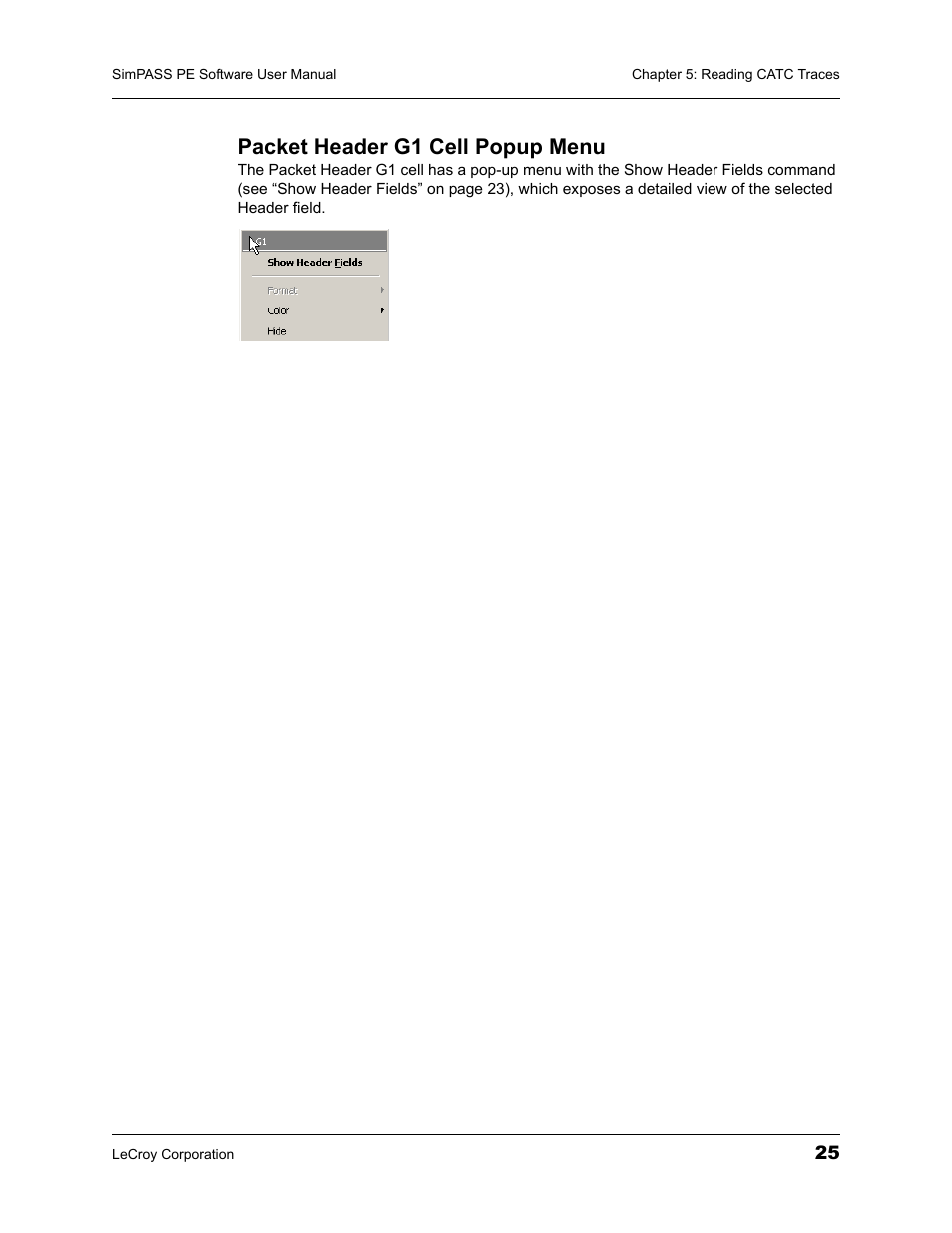 Packet header g1 cell popup menu | Teledyne LeCroy SimPASS PE PCI Express Software User Manual User Manual | Page 31 / 120