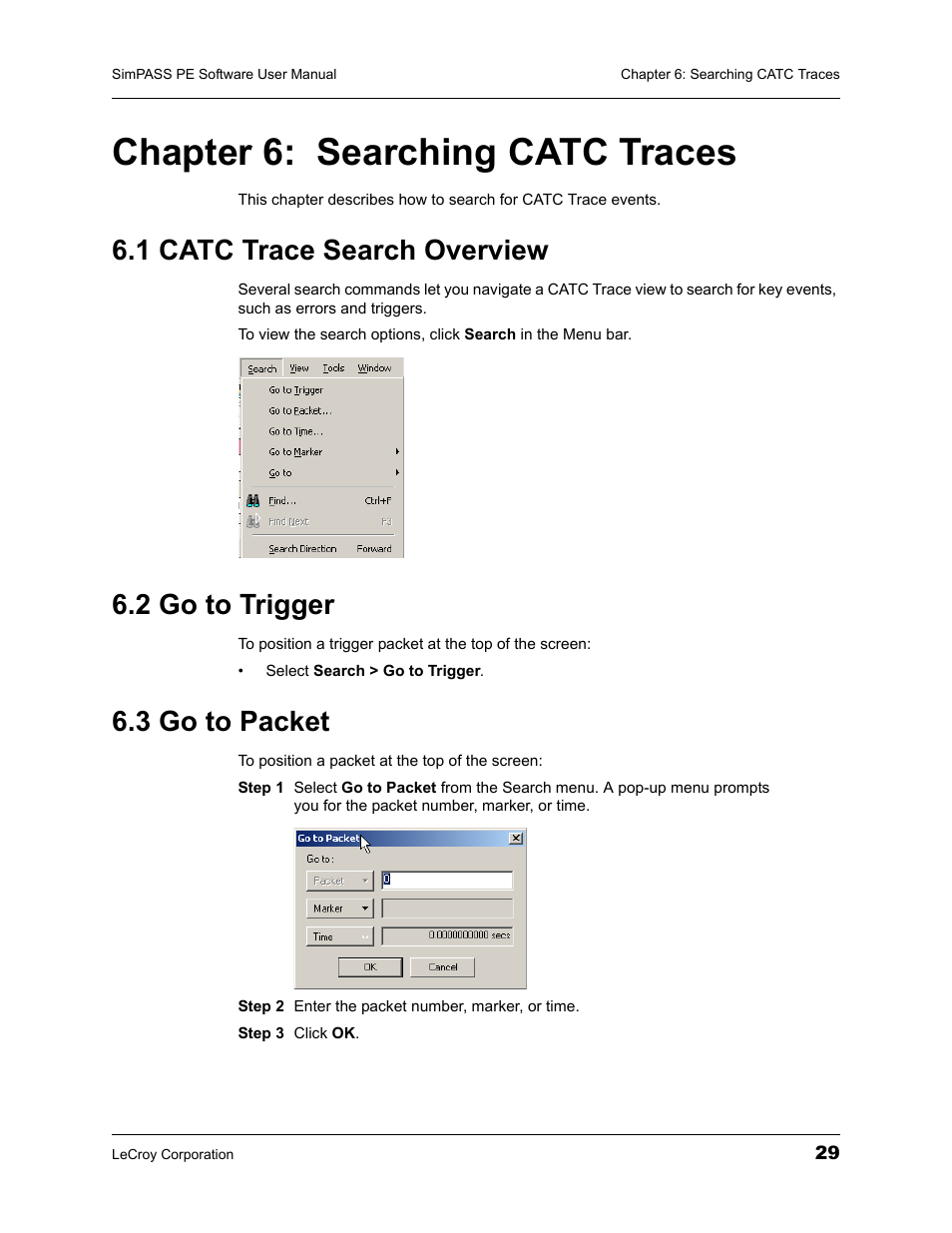 Chapter 6: searching catc traces, 1 catc trace search overview, 2 go to trigger | 3 go to packet, Chapter 6, Searching catc traces | Teledyne LeCroy SimPASS PE PCI Express Software User Manual User Manual | Page 35 / 120
