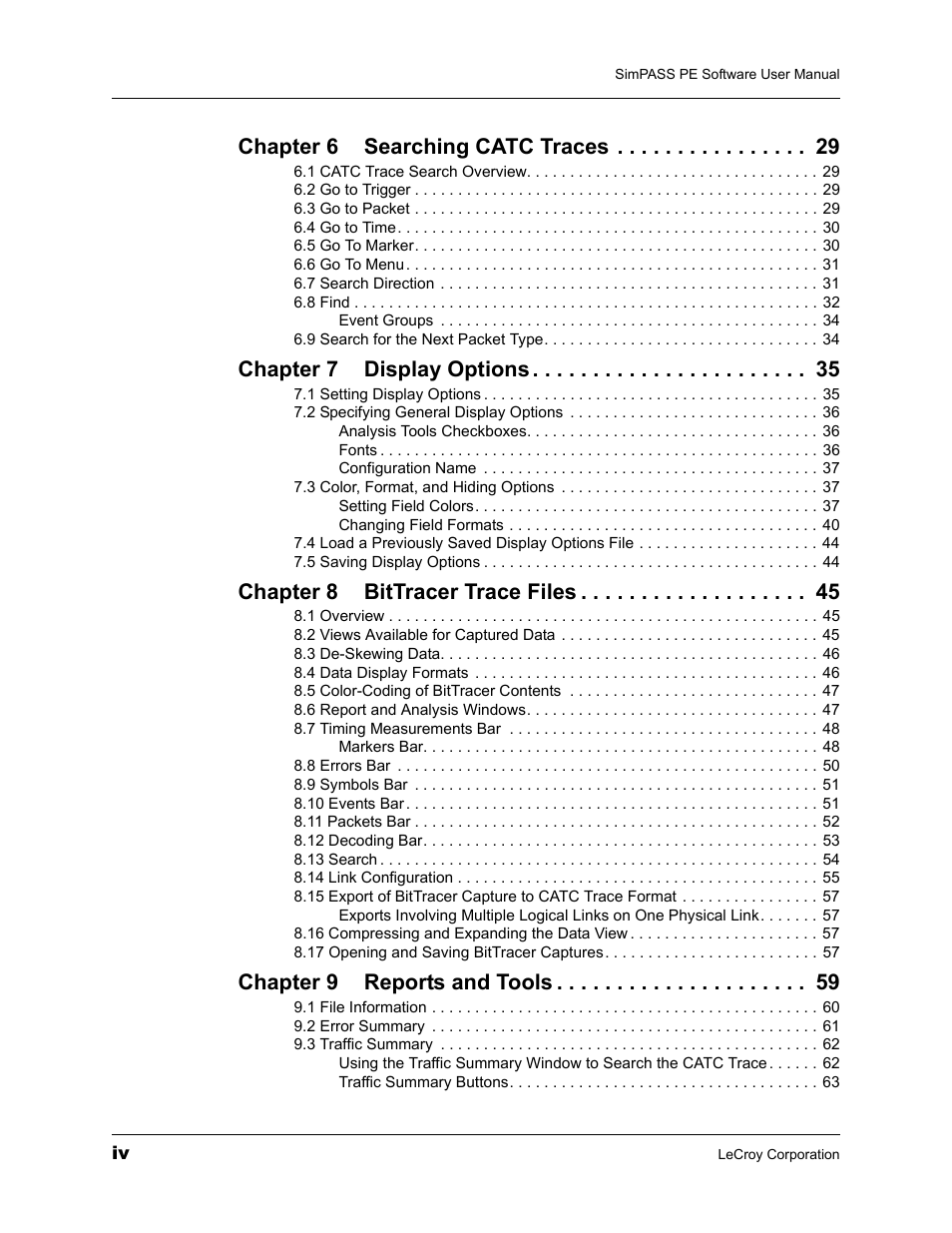 Chapter 6 searching catc traces, Chapter 7 display options, Chapter 8 bittracer trace files | Chapter 9 reports and tools | Teledyne LeCroy SimPASS PE PCI Express Software User Manual User Manual | Page 4 / 120