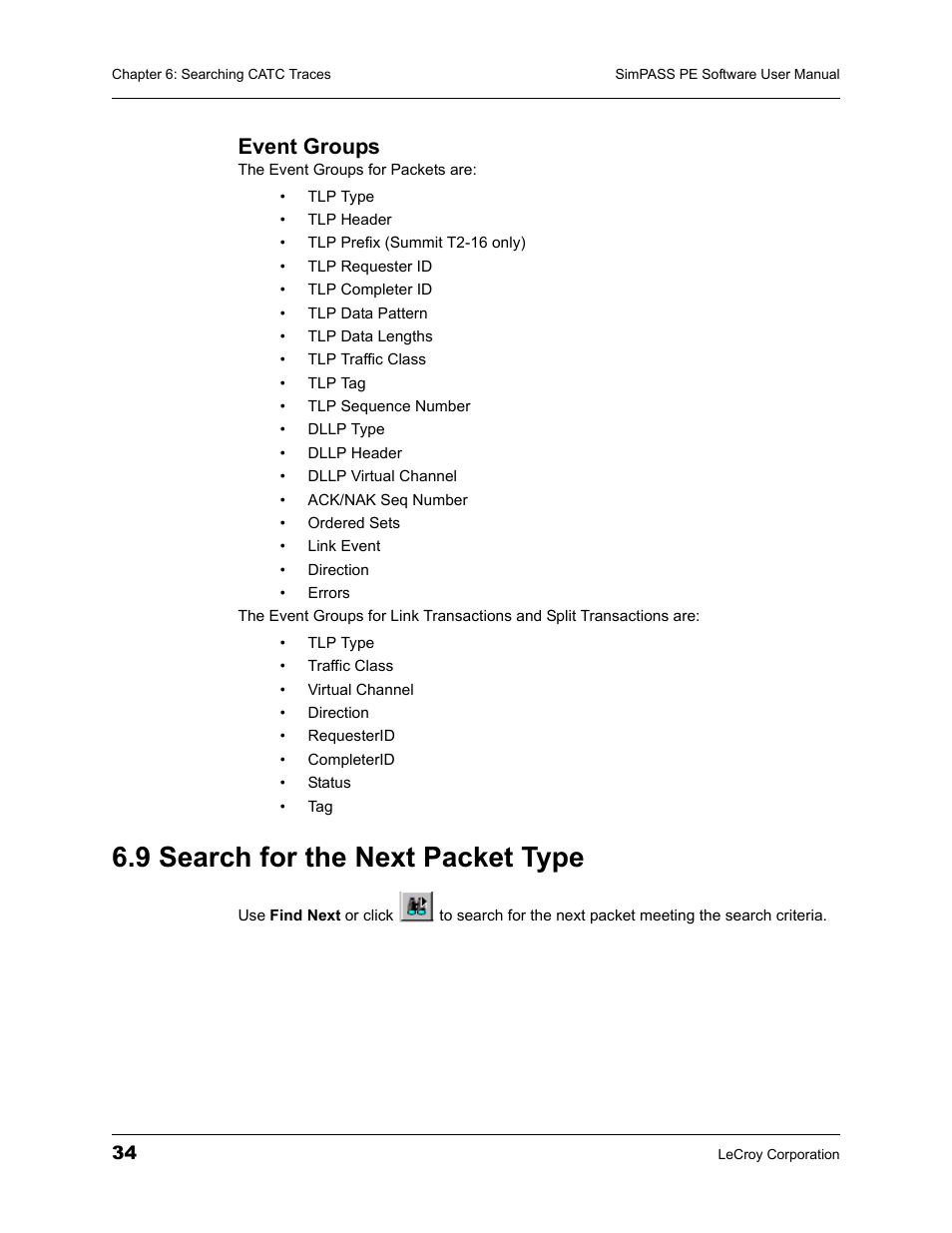 Event groups, 9 search for the next packet type | Teledyne LeCroy SimPASS PE PCI Express Software User Manual User Manual | Page 40 / 120
