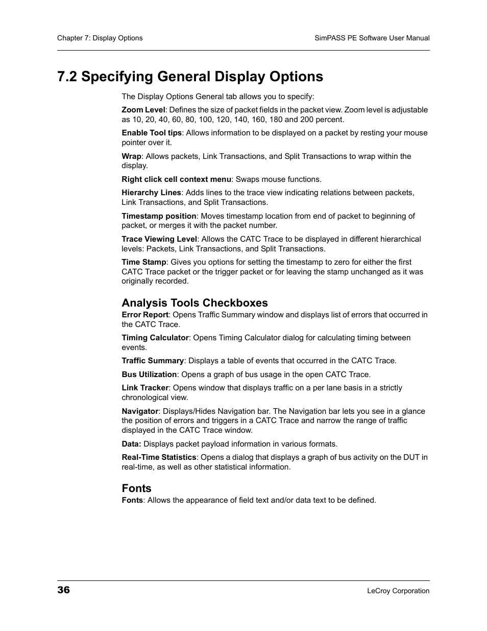 2 specifying general display options, Analysis tools checkboxes, Fonts | Analysis tools checkboxes fonts | Teledyne LeCroy SimPASS PE PCI Express Software User Manual User Manual | Page 42 / 120