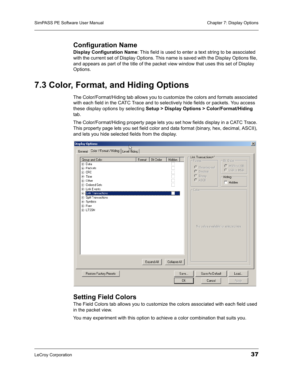 Configuration name, 3 color, format, and hiding options, Setting field colors | Teledyne LeCroy SimPASS PE PCI Express Software User Manual User Manual | Page 43 / 120