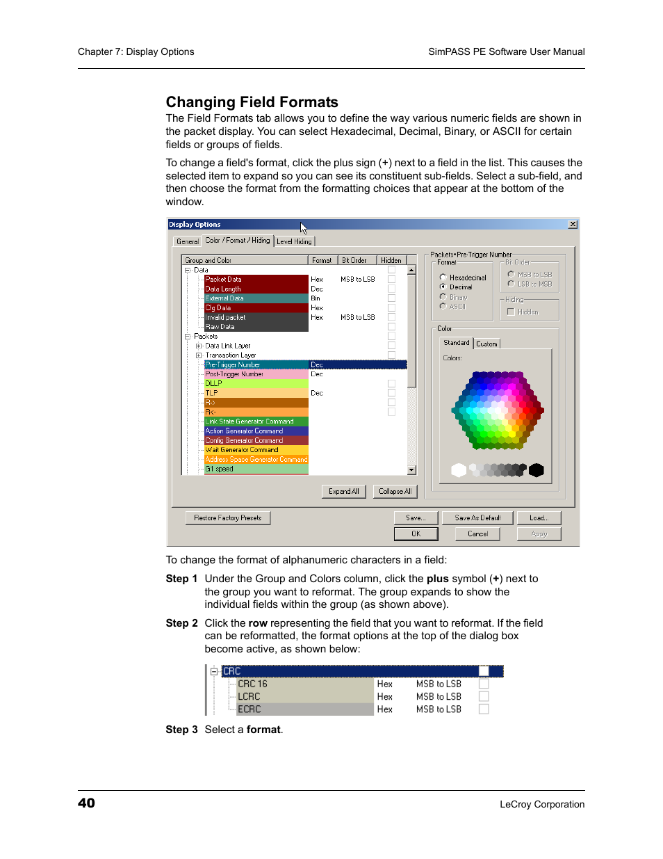 Changing field formats | Teledyne LeCroy SimPASS PE PCI Express Software User Manual User Manual | Page 46 / 120