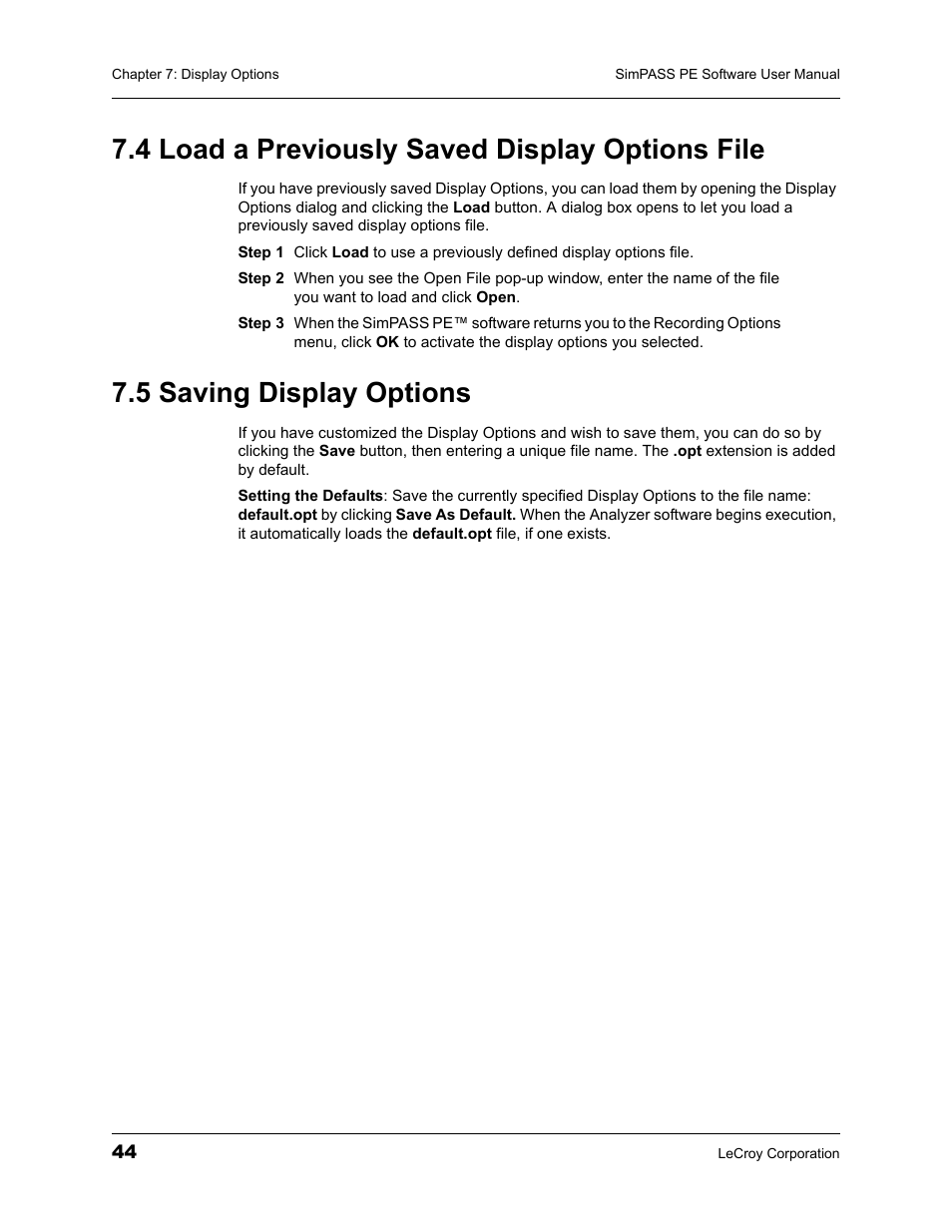 4 load a previously saved display options file, 5 saving display options | Teledyne LeCroy SimPASS PE PCI Express Software User Manual User Manual | Page 50 / 120