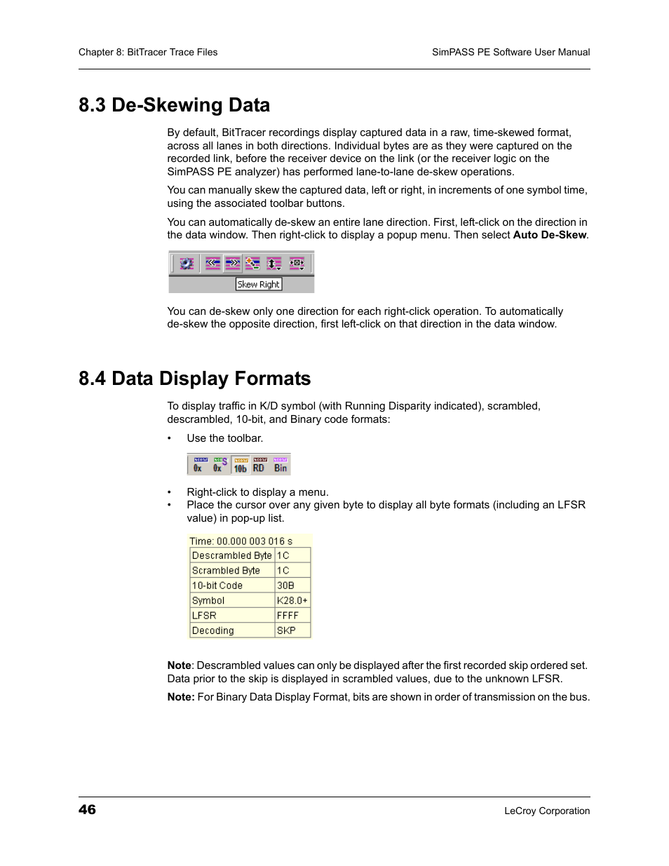 3 de-skewing data, 4 data display formats, 3 de-skewing data 8.4 data display formats | Teledyne LeCroy SimPASS PE PCI Express Software User Manual User Manual | Page 52 / 120