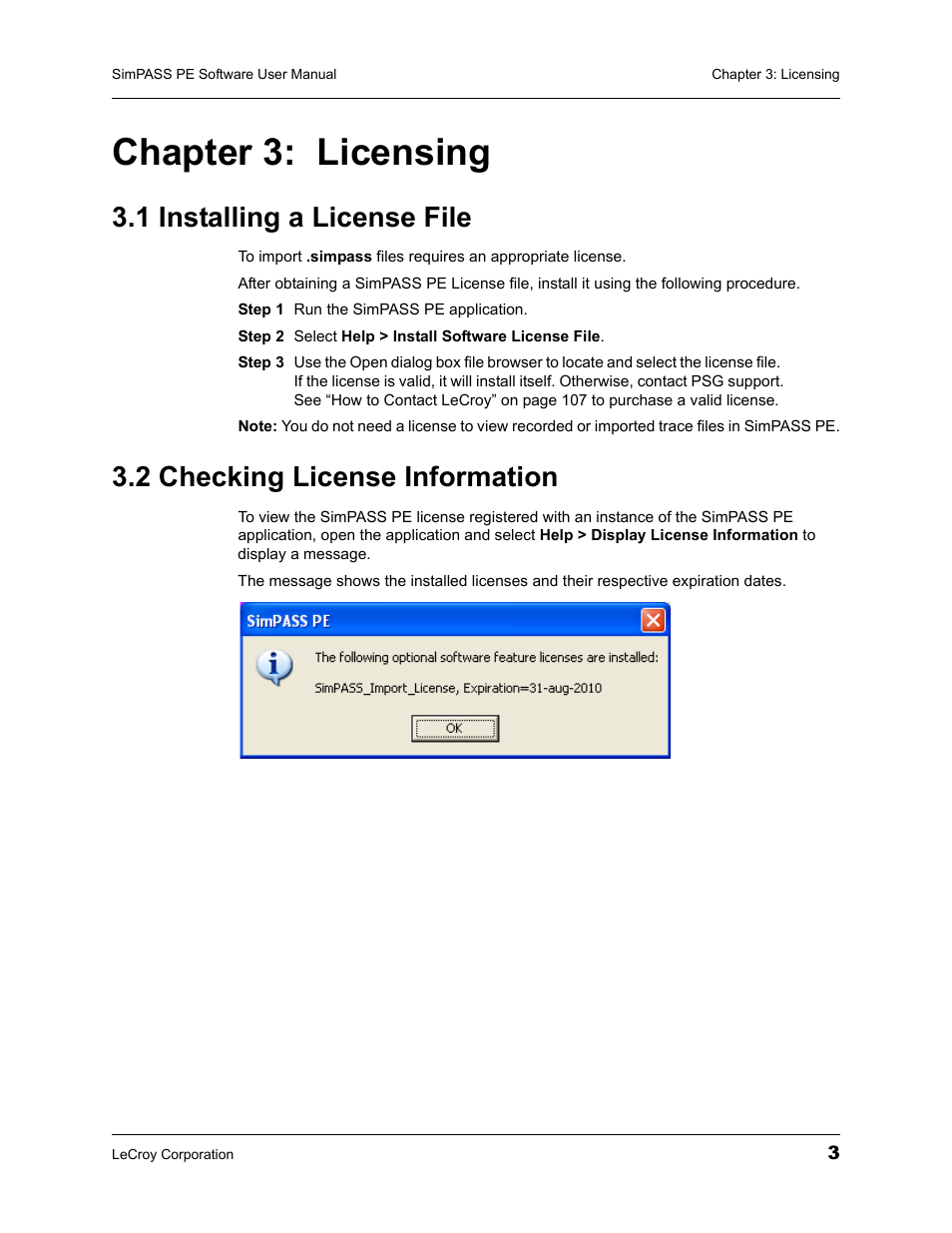 Chapter 3: licensing, 1 installing a license file, 2 checking license information | Chapter 3, Licensing | Teledyne LeCroy SimPASS PE PCI Express Software User Manual User Manual | Page 9 / 120