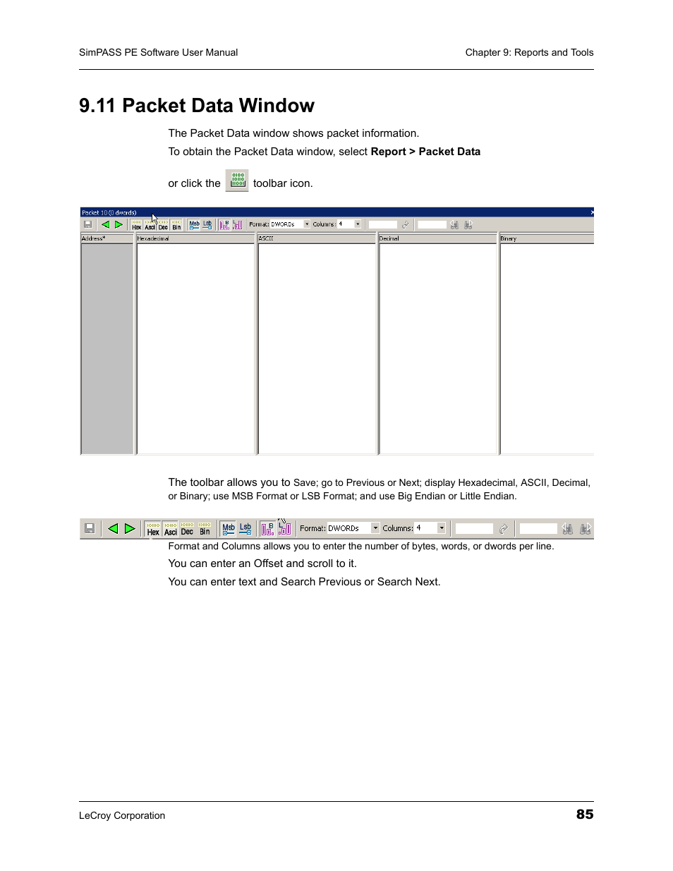 11 packet data window | Teledyne LeCroy SimPASS PE PCI Express Software User Manual User Manual | Page 91 / 120