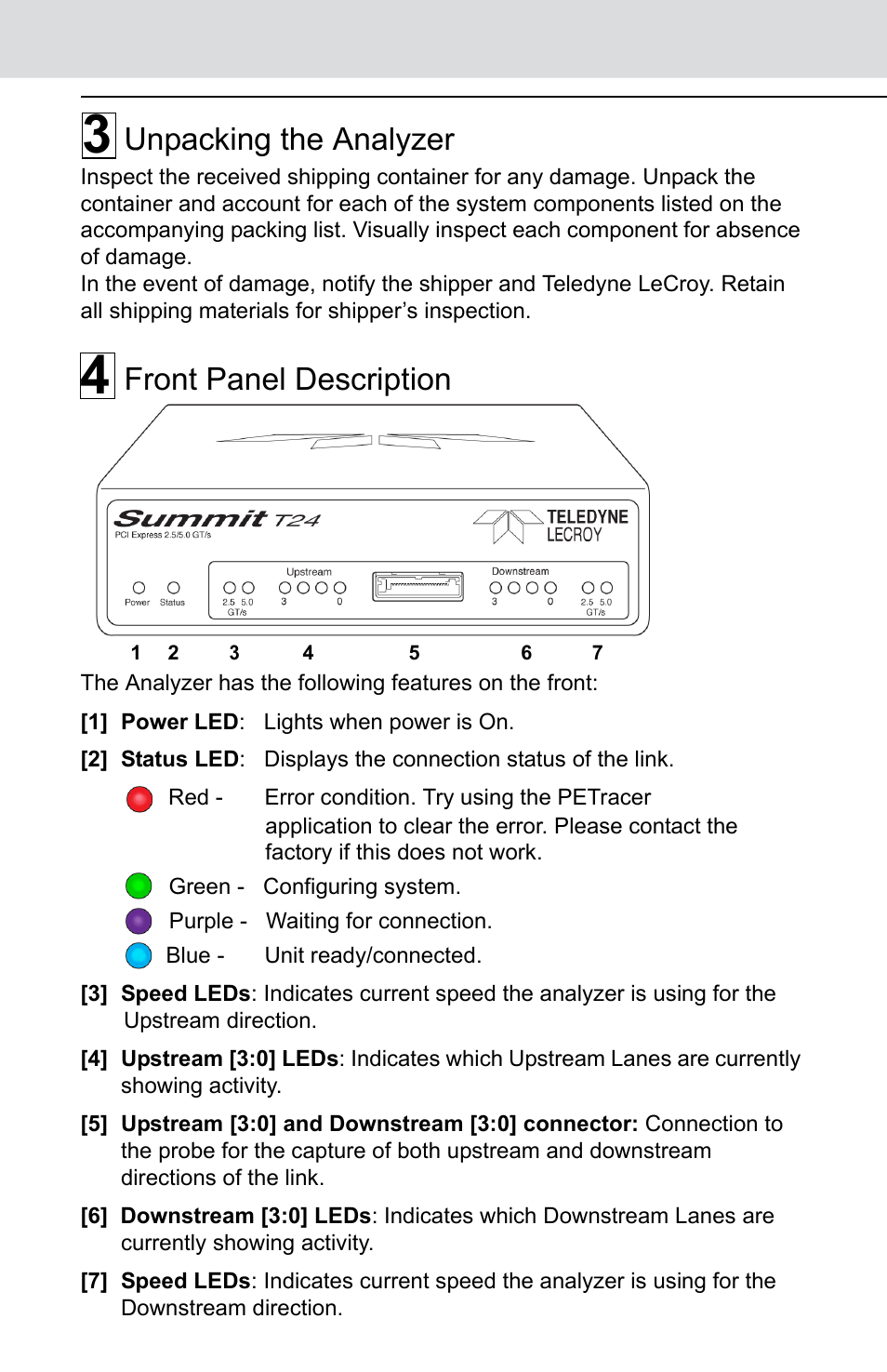 Unpacking the analyzer, Front panel description | Teledyne LeCroy Summit T24 PCI Express Protocol Analyzer QSG User Manual | Page 2 / 8