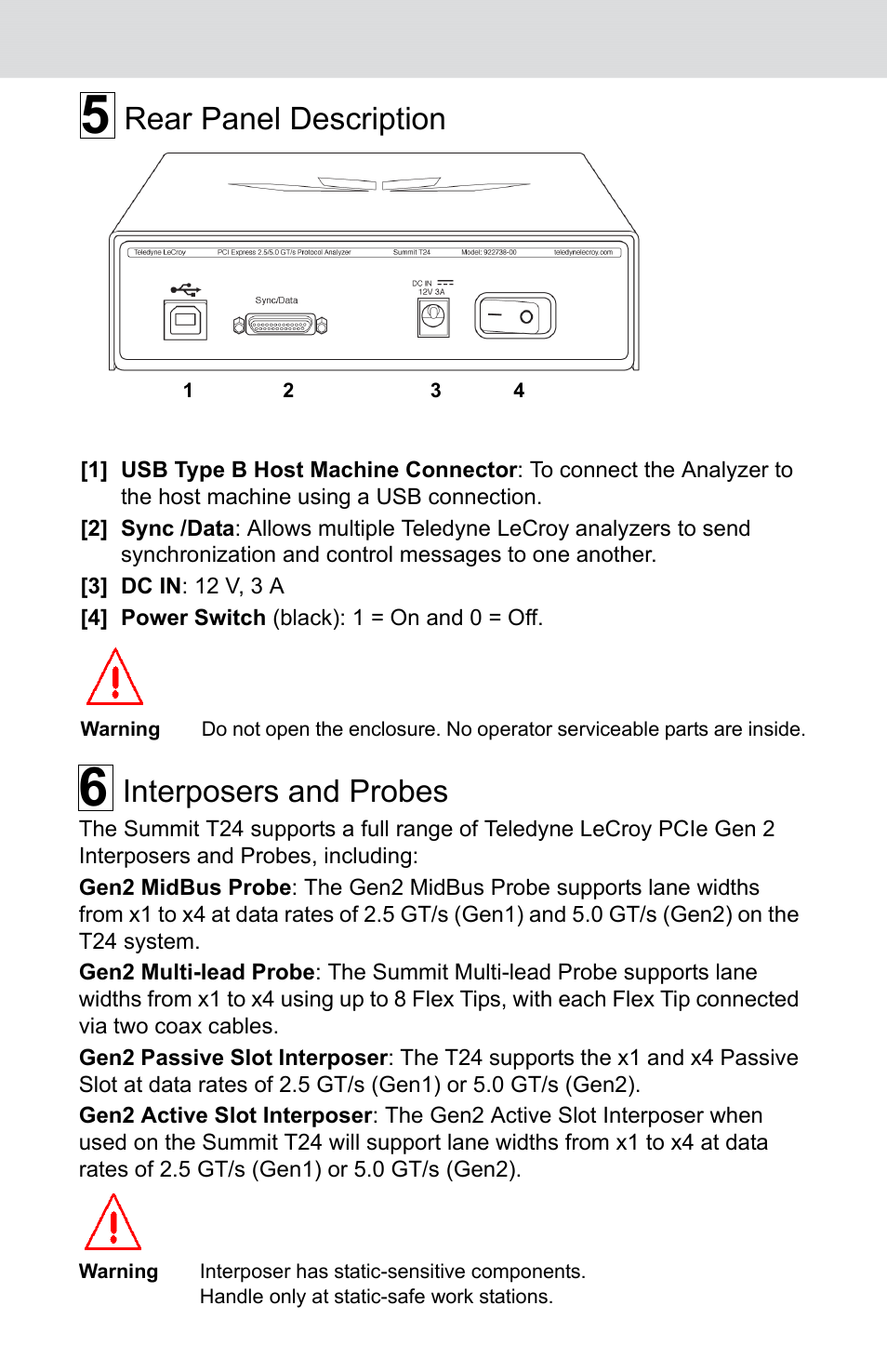 Rear panel description, Interposers and probes | Teledyne LeCroy Summit T24 PCI Express Protocol Analyzer QSG User Manual | Page 3 / 8