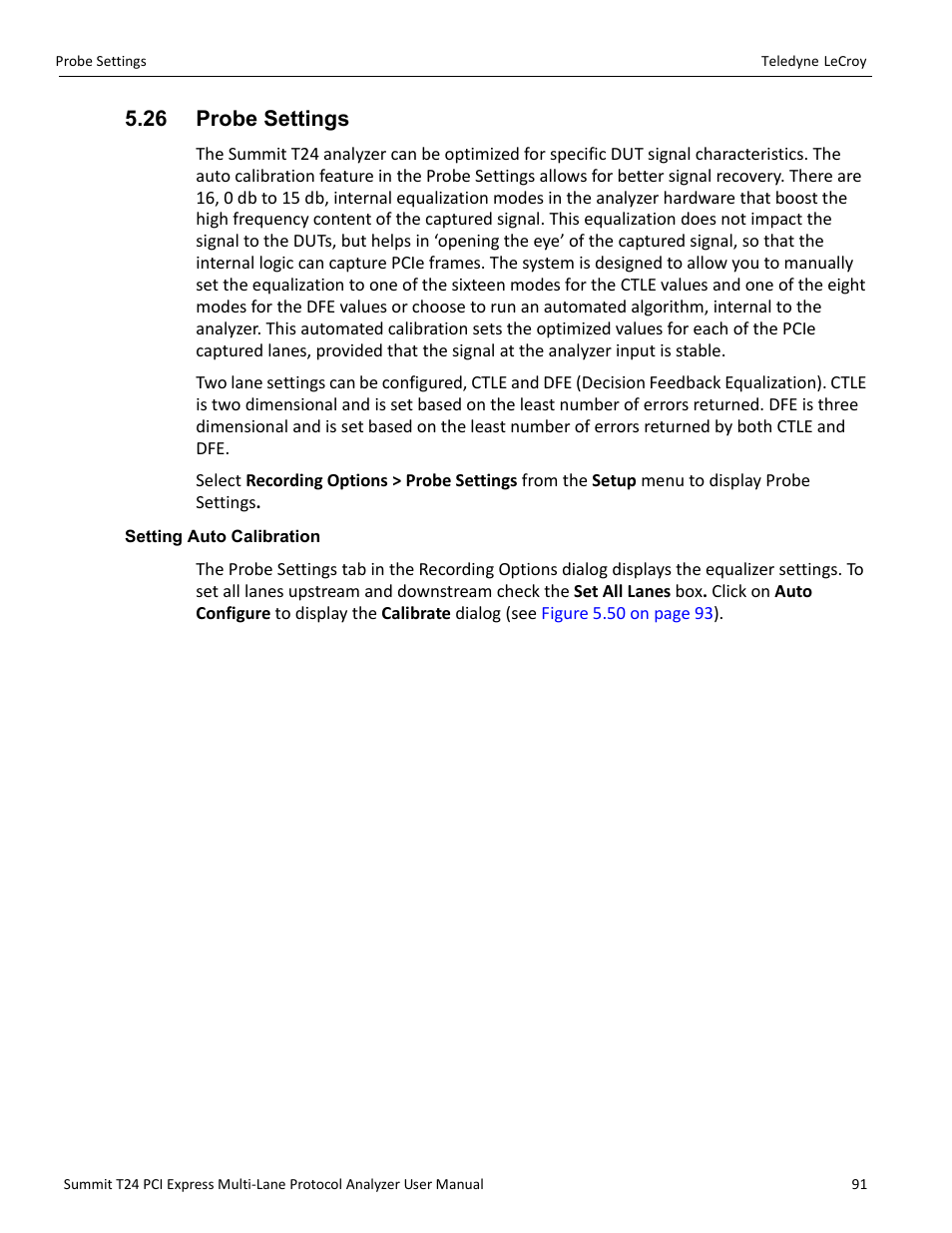 26 probe settings, Setting auto calibration | Teledyne LeCroy Summit T24 PCIe Multi-lane Protocol Analyzer User Manual User Manual | Page 103 / 244