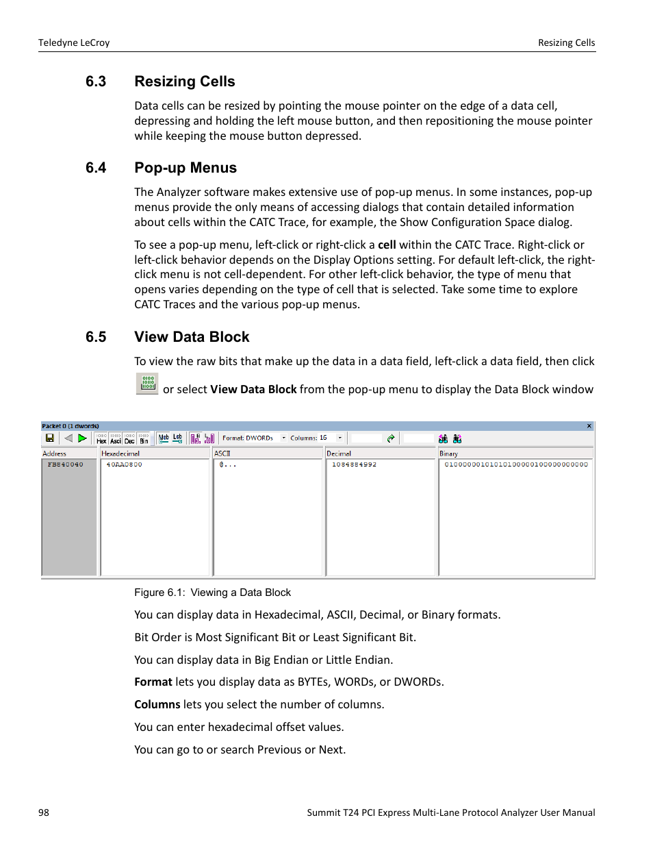 3 resizing cells, 4 pop-up menus, 5 view data block | Teledyne LeCroy Summit T24 PCIe Multi-lane Protocol Analyzer User Manual User Manual | Page 110 / 244