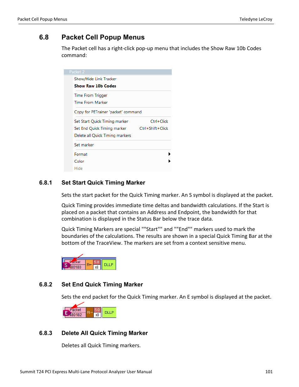 8 packet cell popup menus, 1 set start quick timing marker, 2 set end quick timing marker | 3 delete all quick timing marker | Teledyne LeCroy Summit T24 PCIe Multi-lane Protocol Analyzer User Manual User Manual | Page 113 / 244