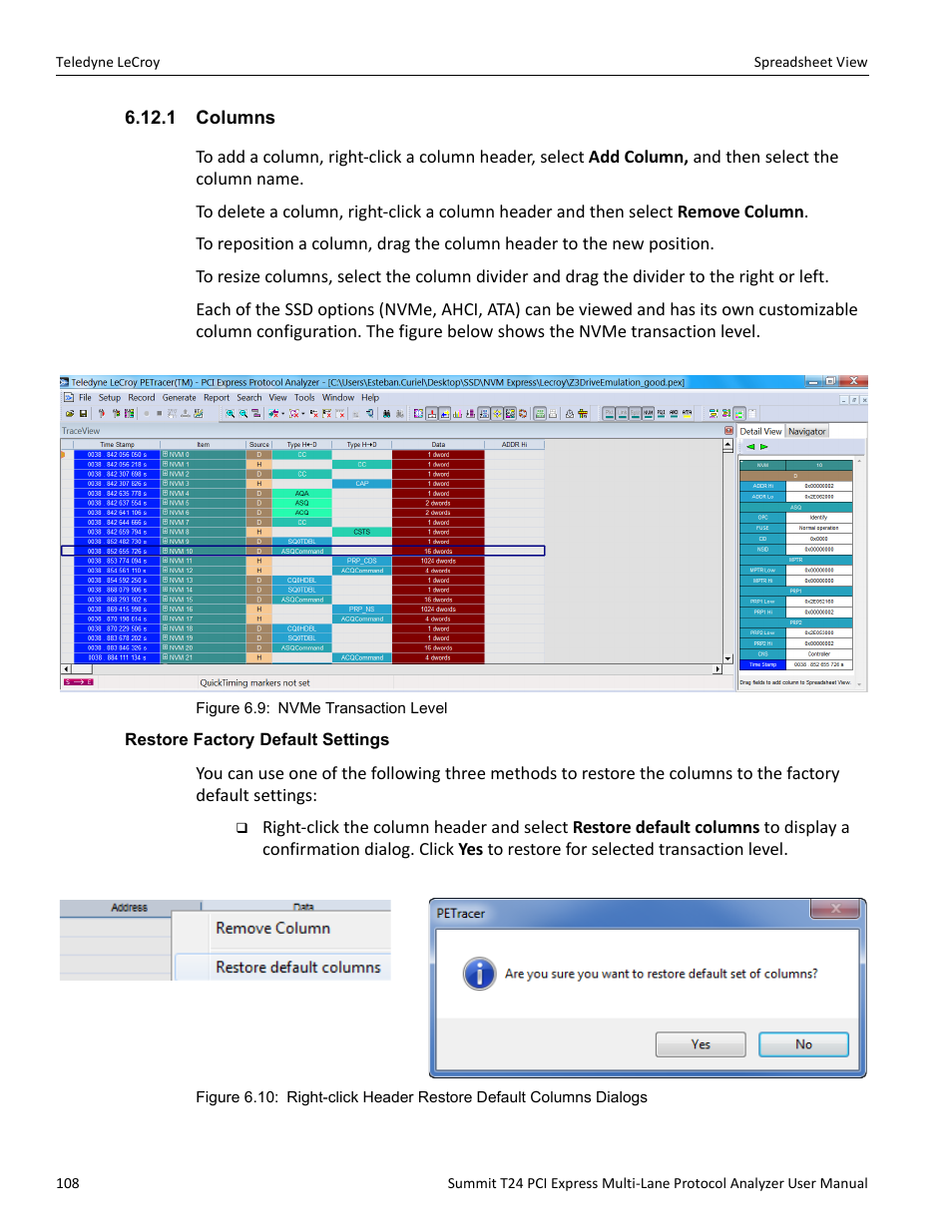 1 columns, Restore factory default settings | Teledyne LeCroy Summit T24 PCIe Multi-lane Protocol Analyzer User Manual User Manual | Page 120 / 244