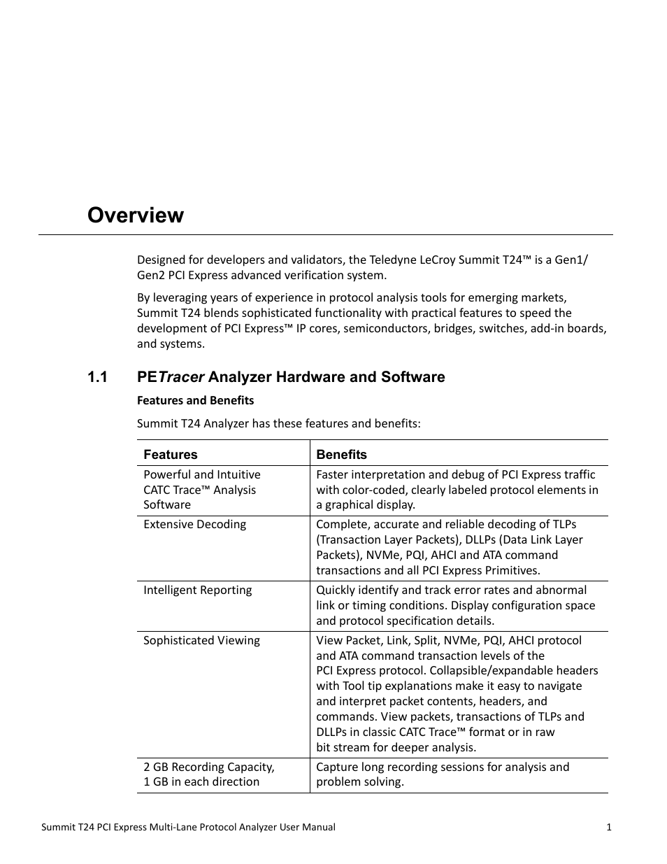 Overview, 1 petracer analyzer hardware and software, Chapter 1 | Teledyne LeCroy Summit T24 PCIe Multi-lane Protocol Analyzer User Manual User Manual | Page 13 / 244