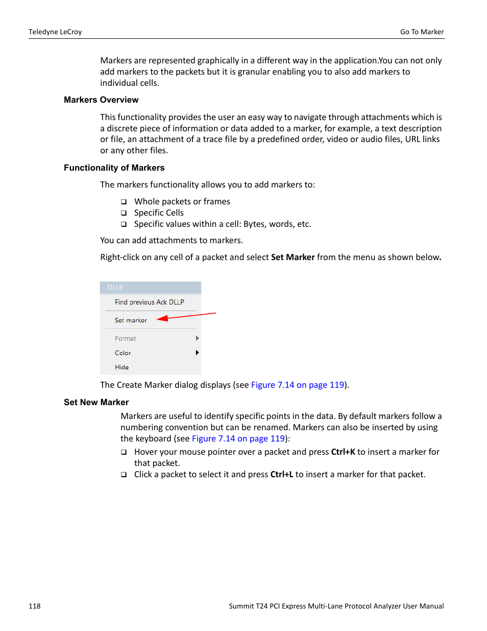 Markers overview, Functionality of markers, Set new marker | Teledyne LeCroy Summit T24 PCIe Multi-lane Protocol Analyzer User Manual User Manual | Page 130 / 244